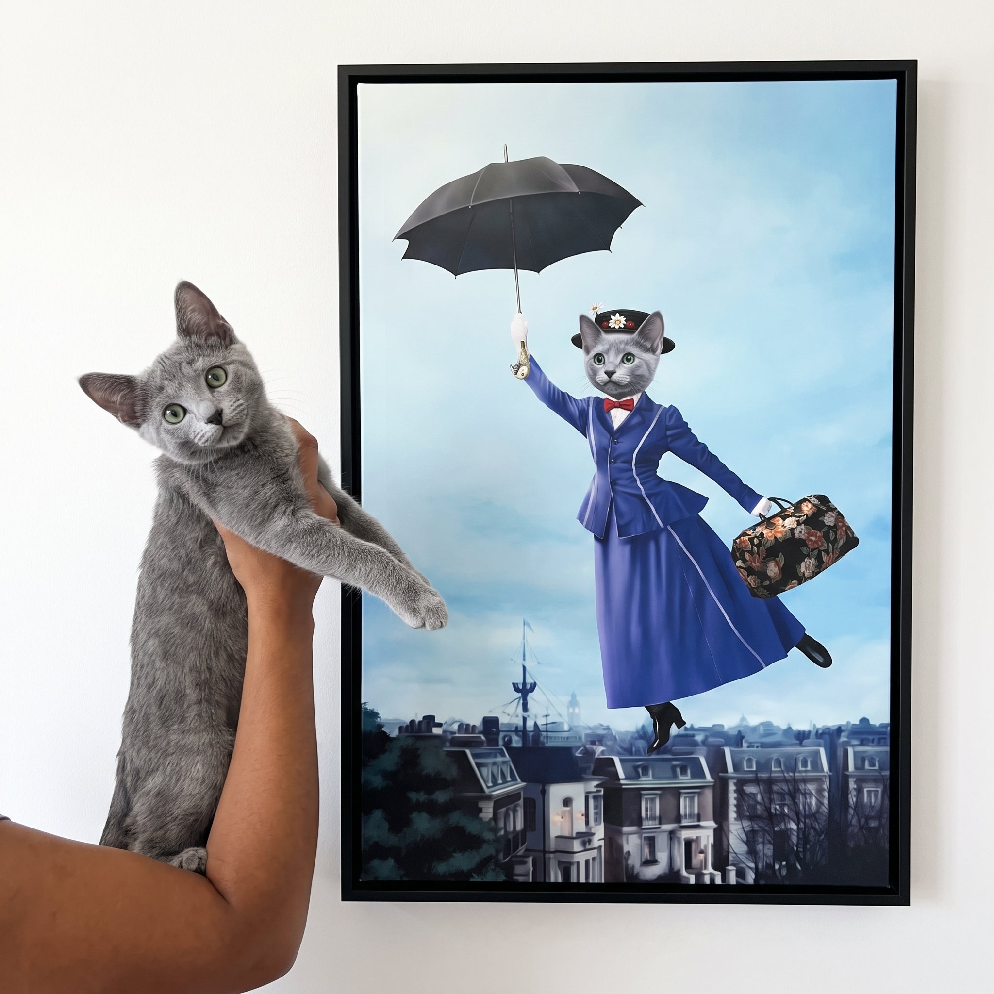 Russian blue cat next to its The Magic Nanny custom pet canvas