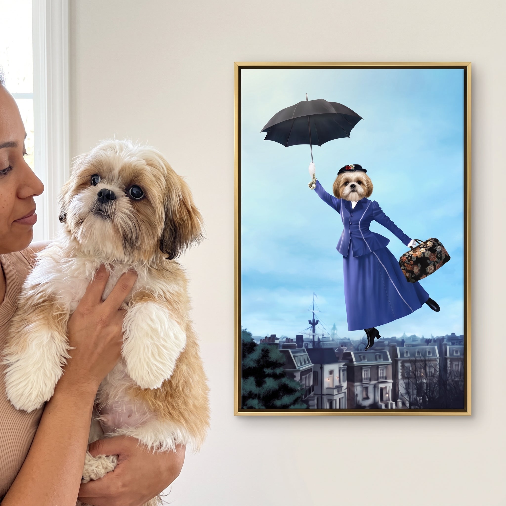 Shih tzu next to its The Magic Nanny custom pet canvas