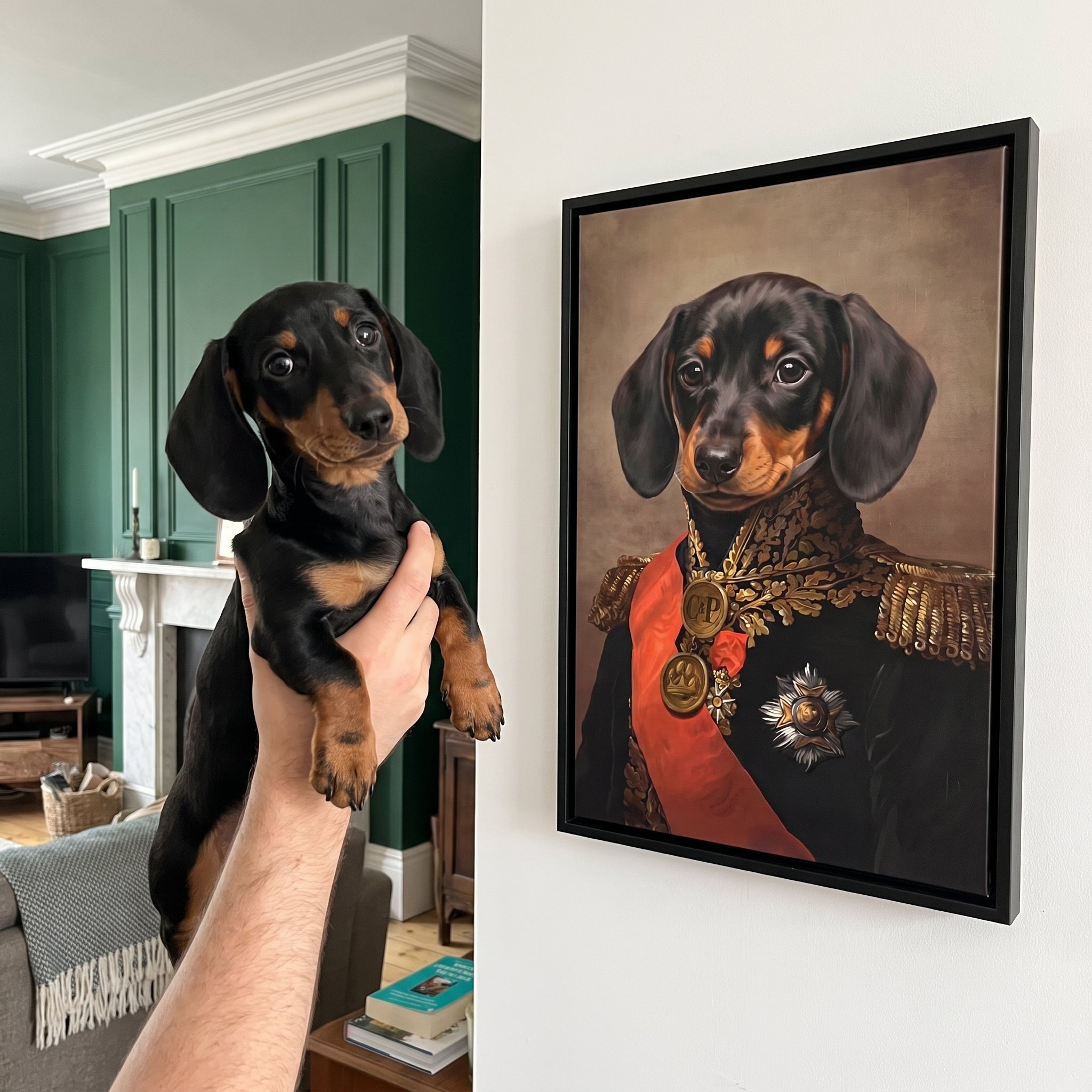 Miniature dachshund next to its The Major custom pet canvas