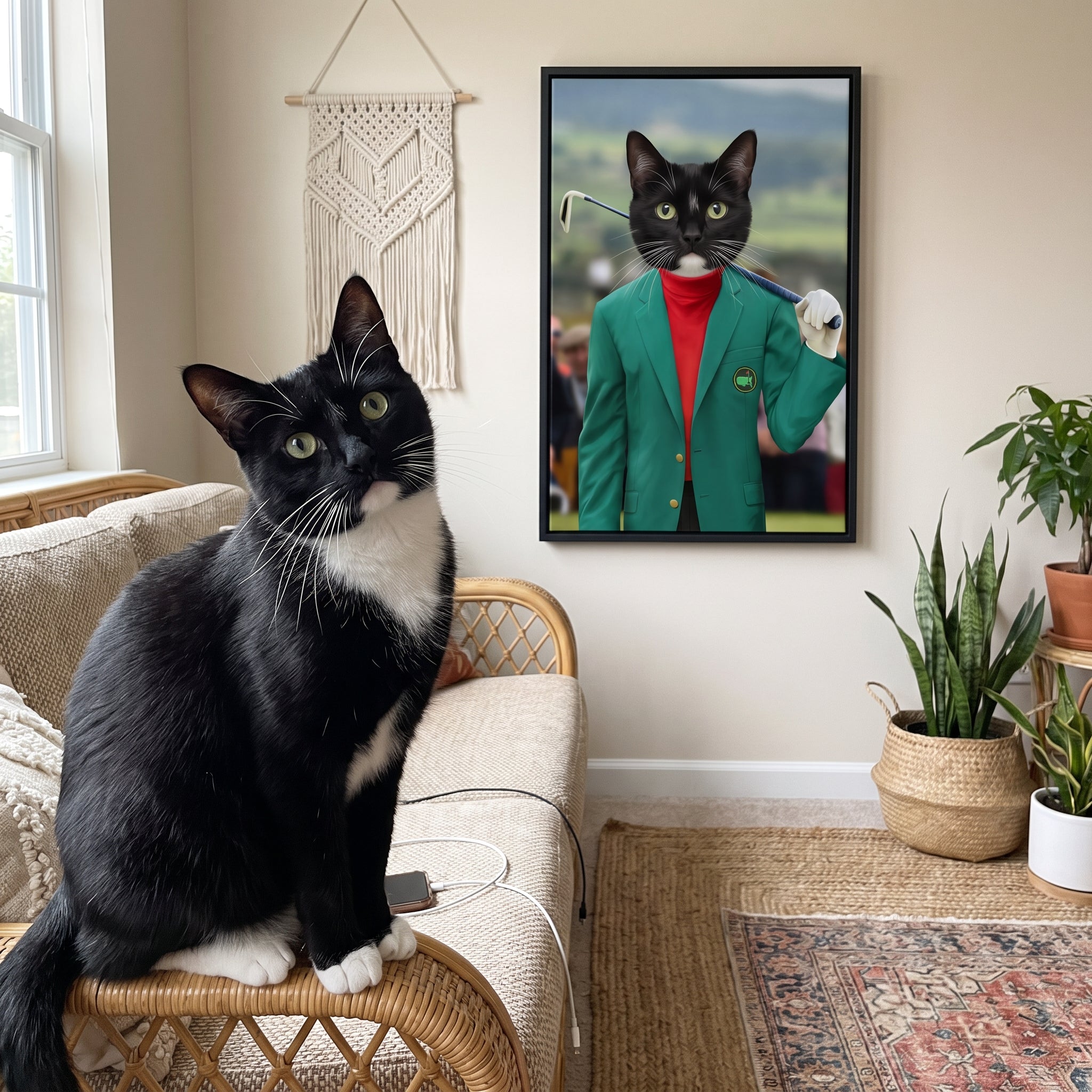 Tuxedo cat next to its The Master custom pet canvas