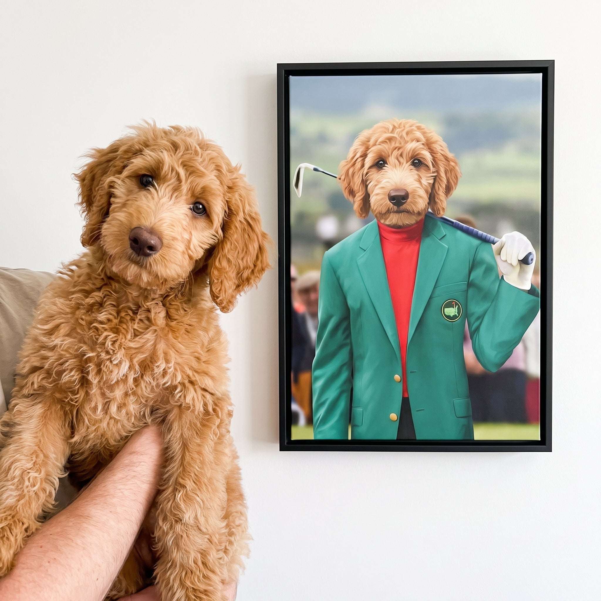 Goldendoodle next to its The Master custom pet canvas