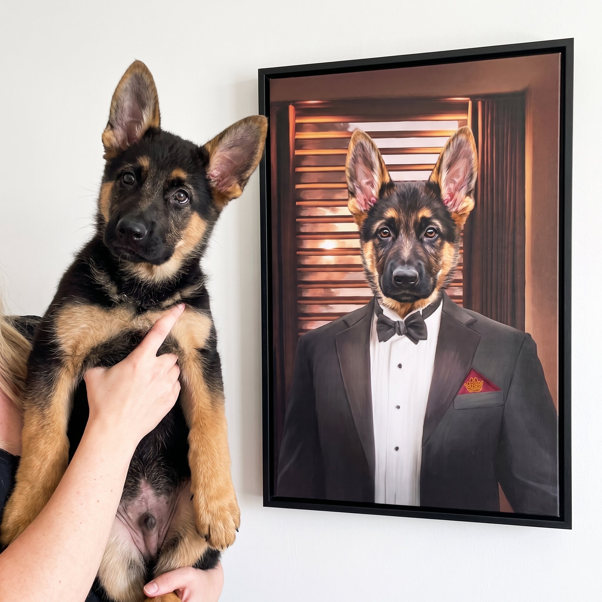 German shepherd next to its The Mobster custom pet canvas