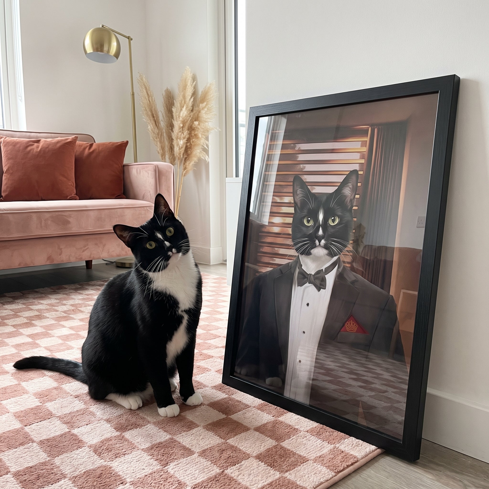 Tuxedo cat next to its The Mobster custom pet poster