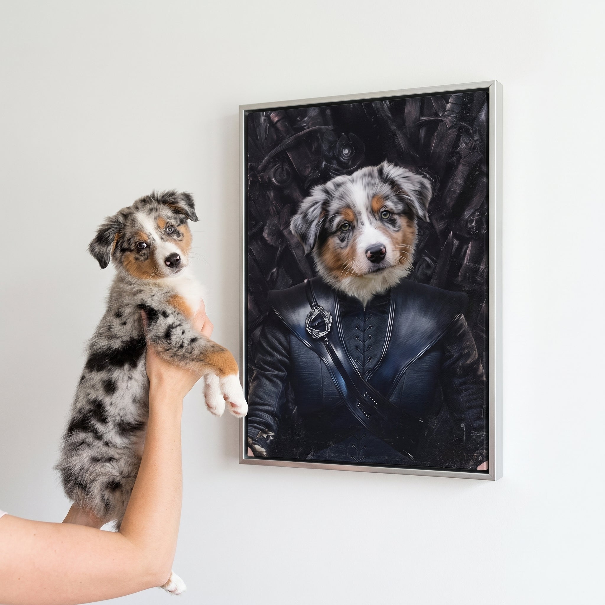Blue merle australian shepherd next to its The Mother Of Dragons custom pet canvas
