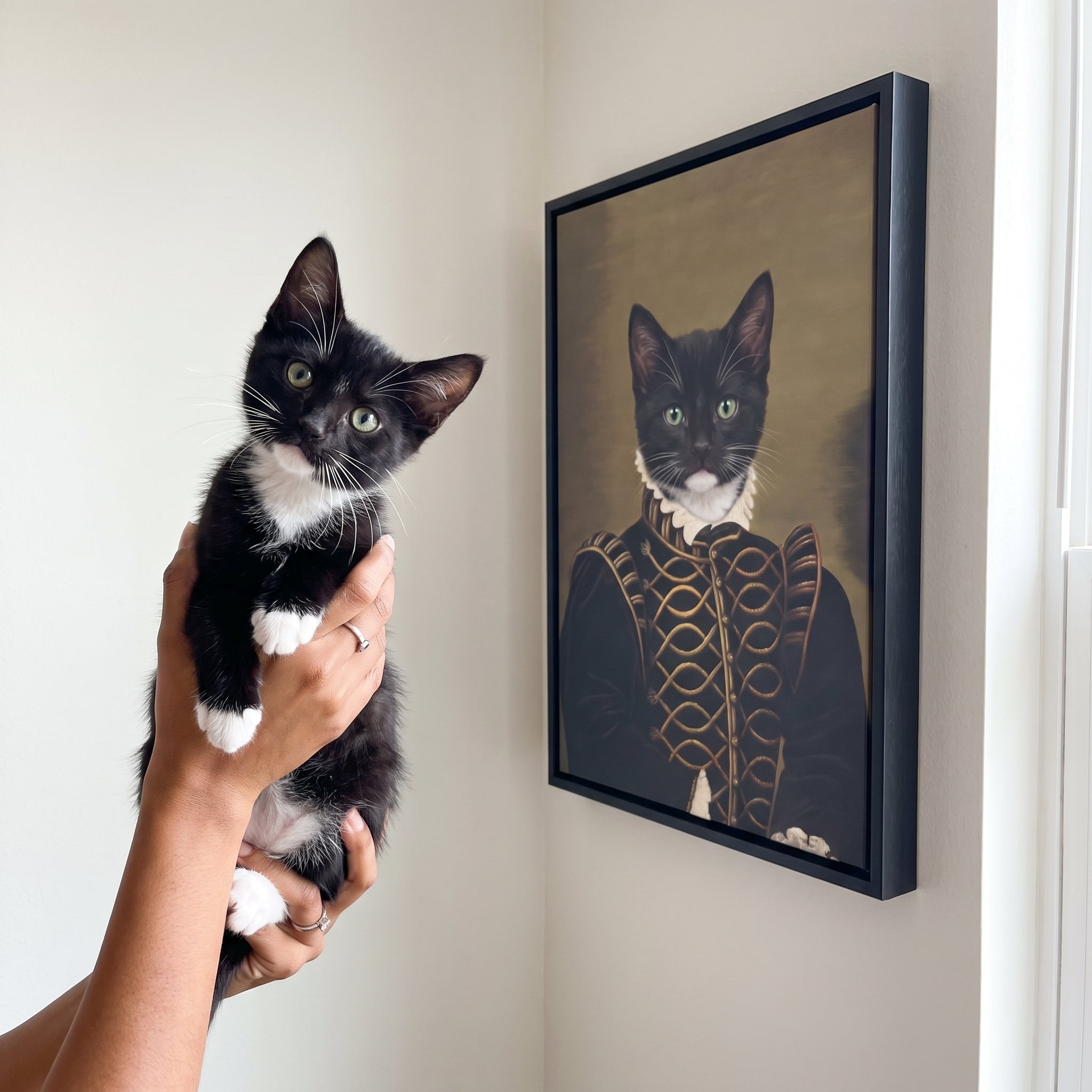 Tuxedo cat next to its The Noble custom pet canvas