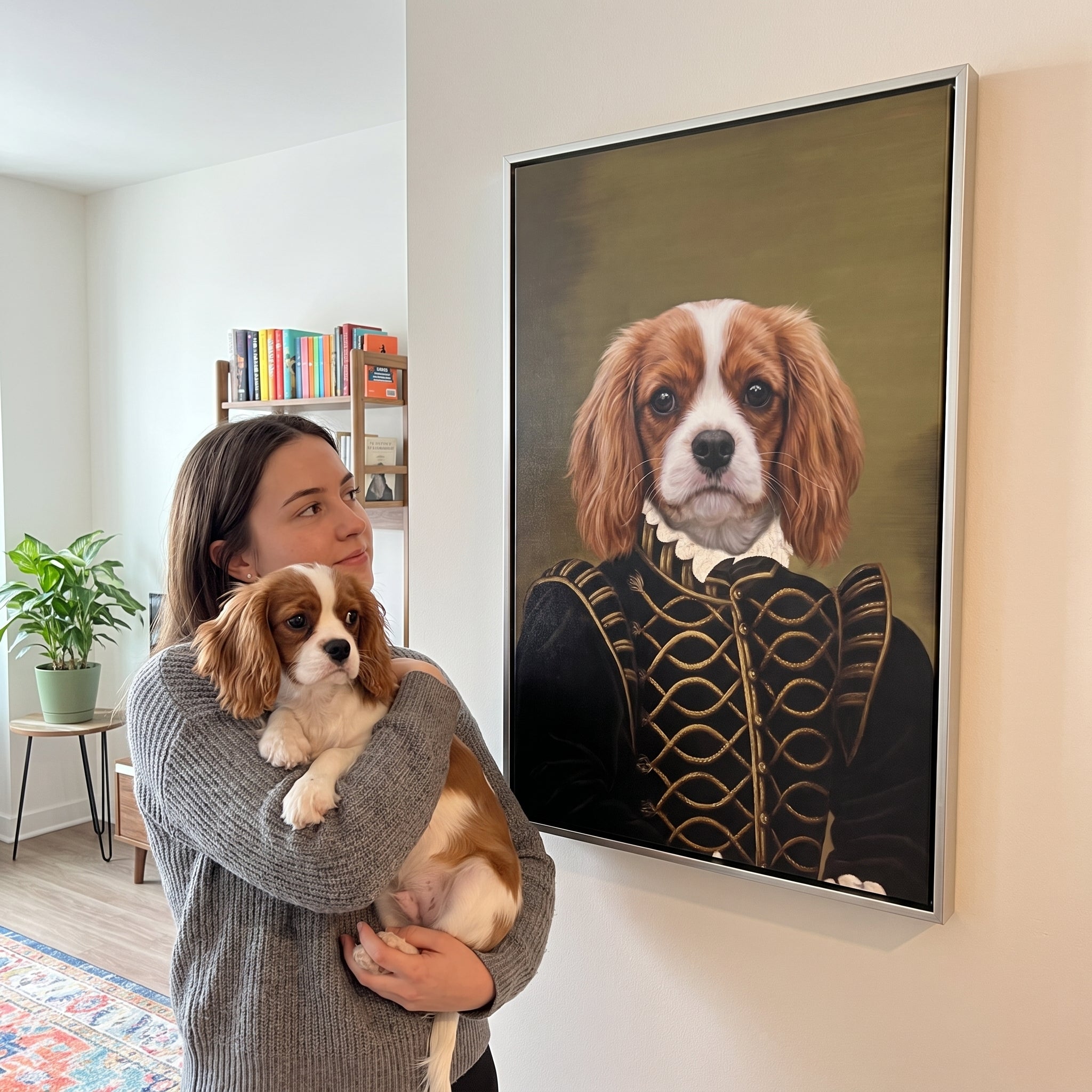 Cavalier king charles spaniel next to its The Noble custom pet canvas