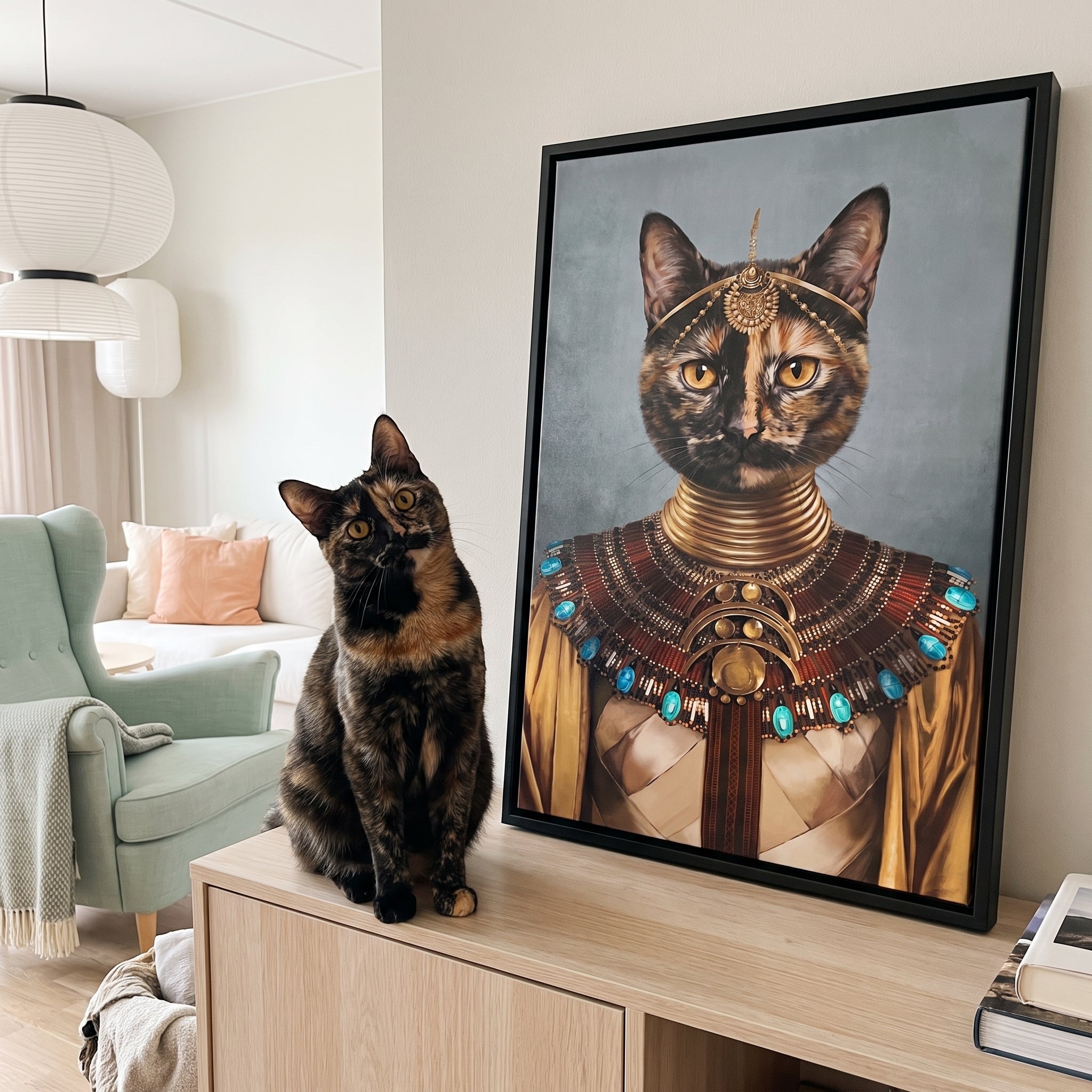 Tortoiseshell cat next to its The Nubian Queen custom pet canvas