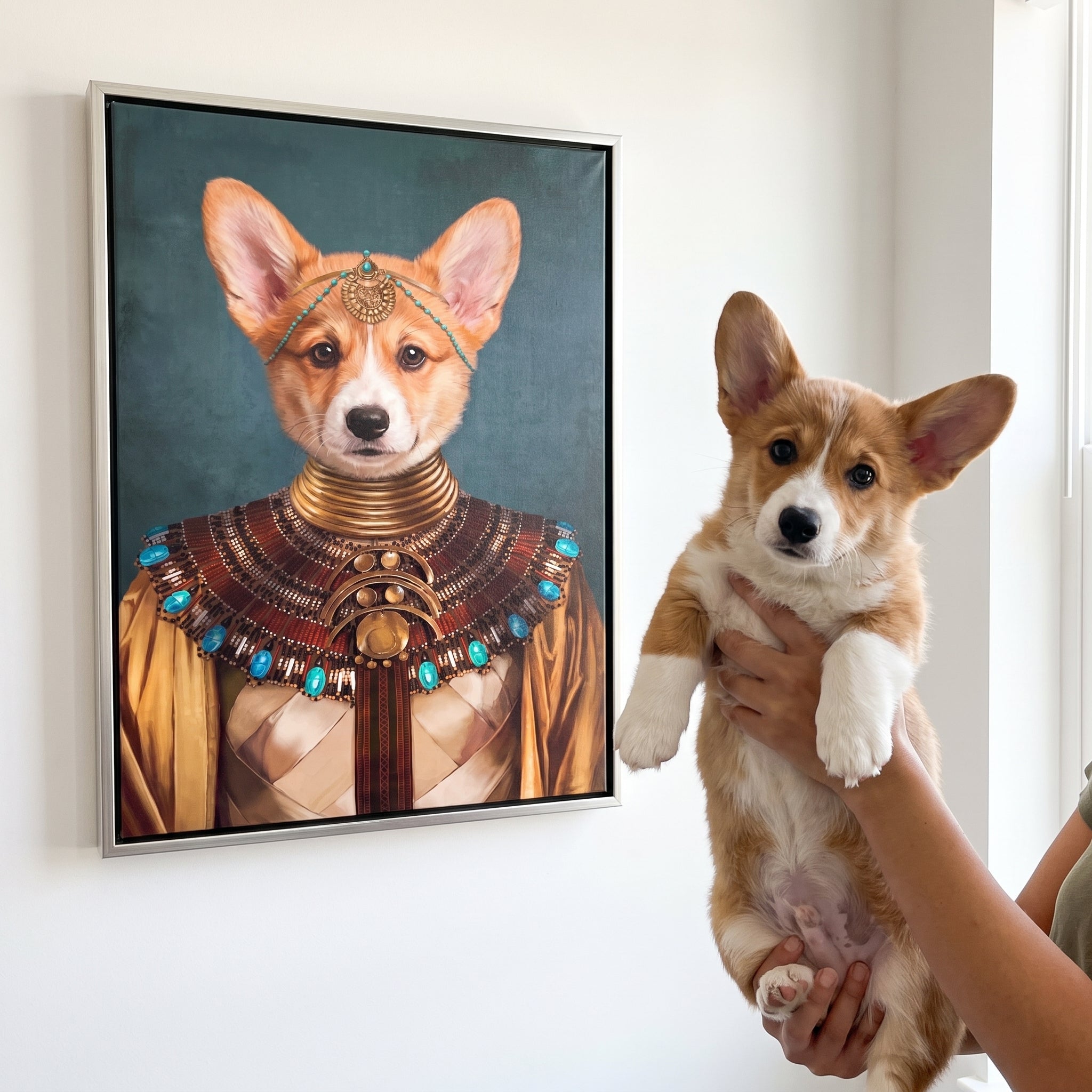 Pembroke welsh corgi next to its The Nubian Queen custom pet canvas