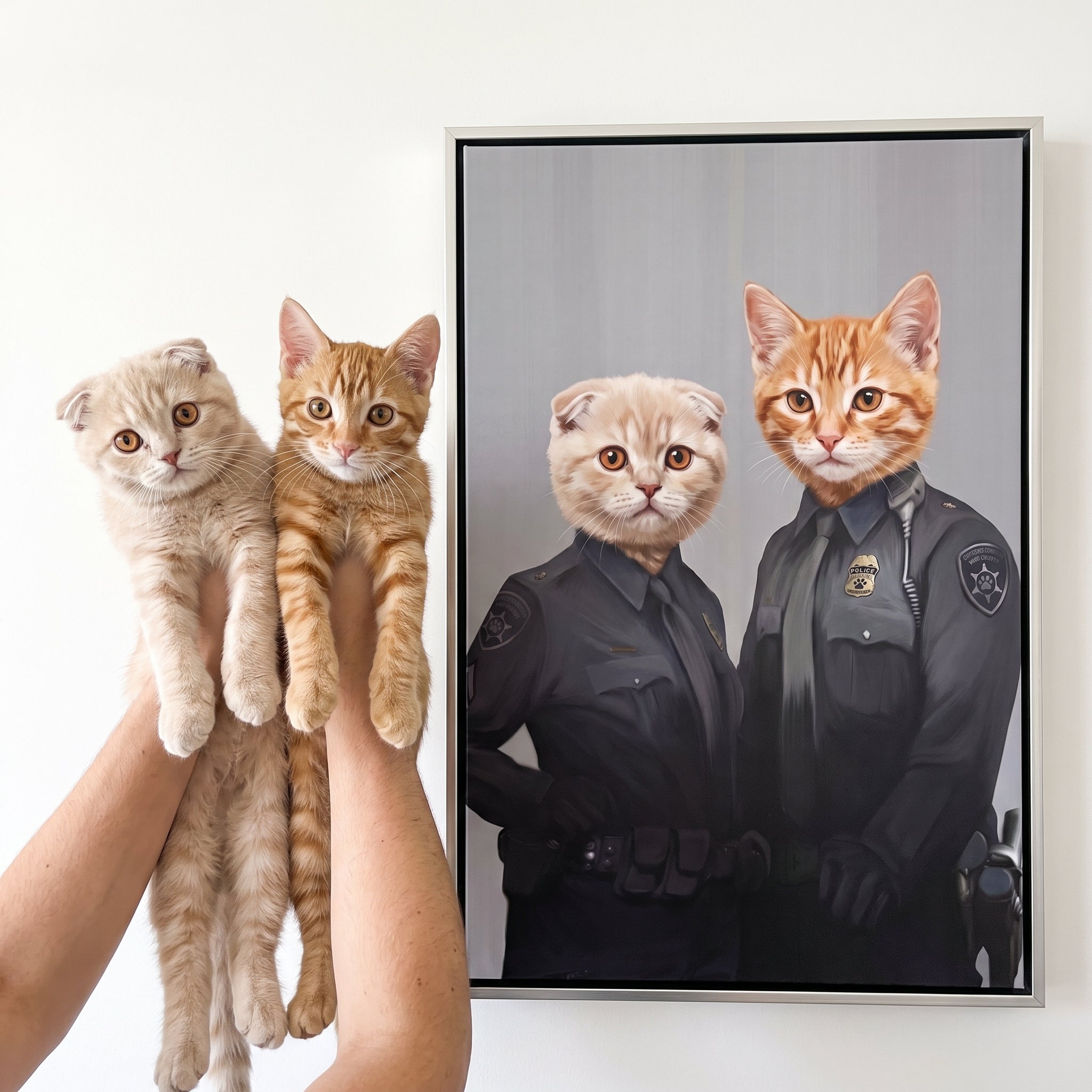 Scottish fold cat and ginger tabby cat next to its The Officers custom pet canvas