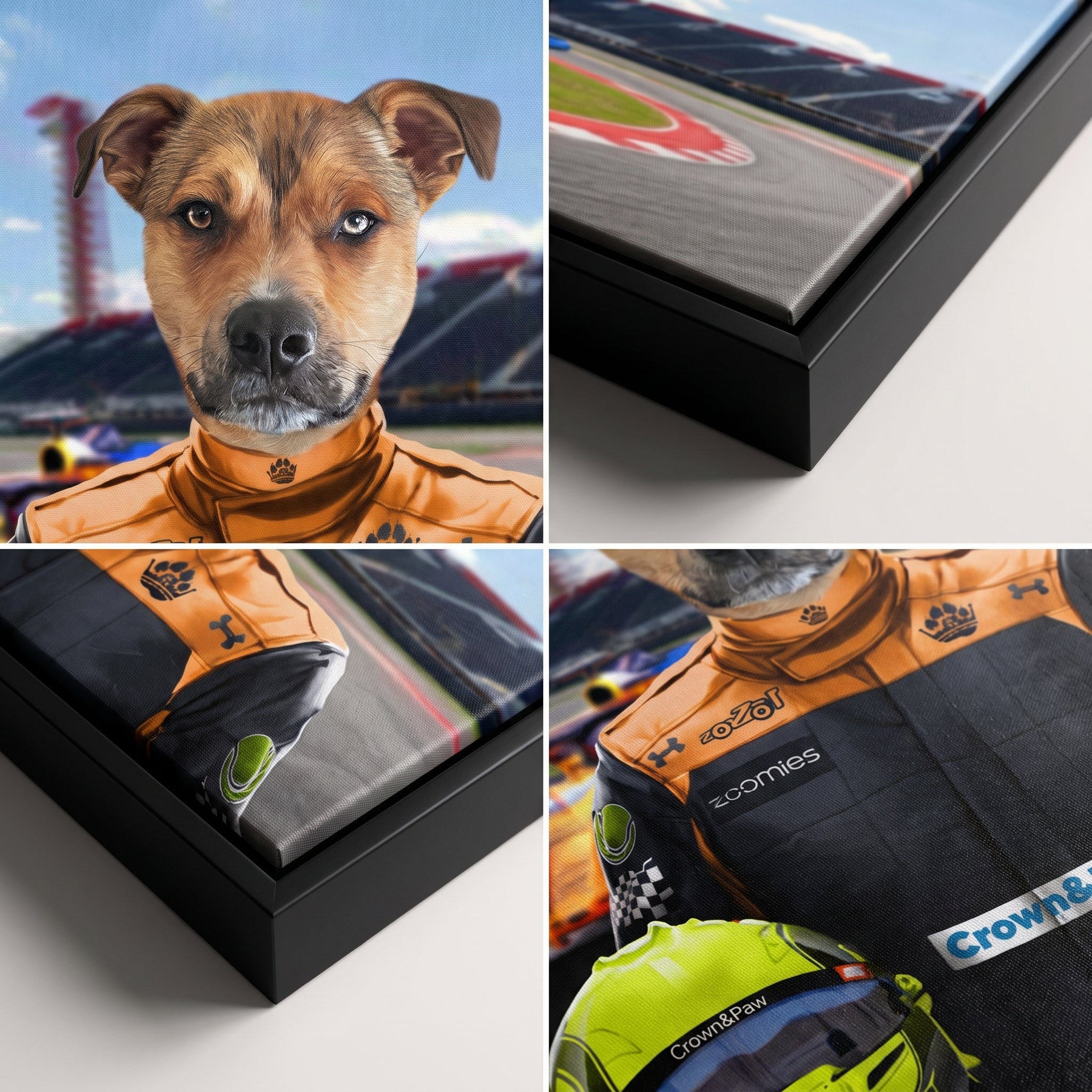 Close-up details of The Orange Driver custom pet canvas
