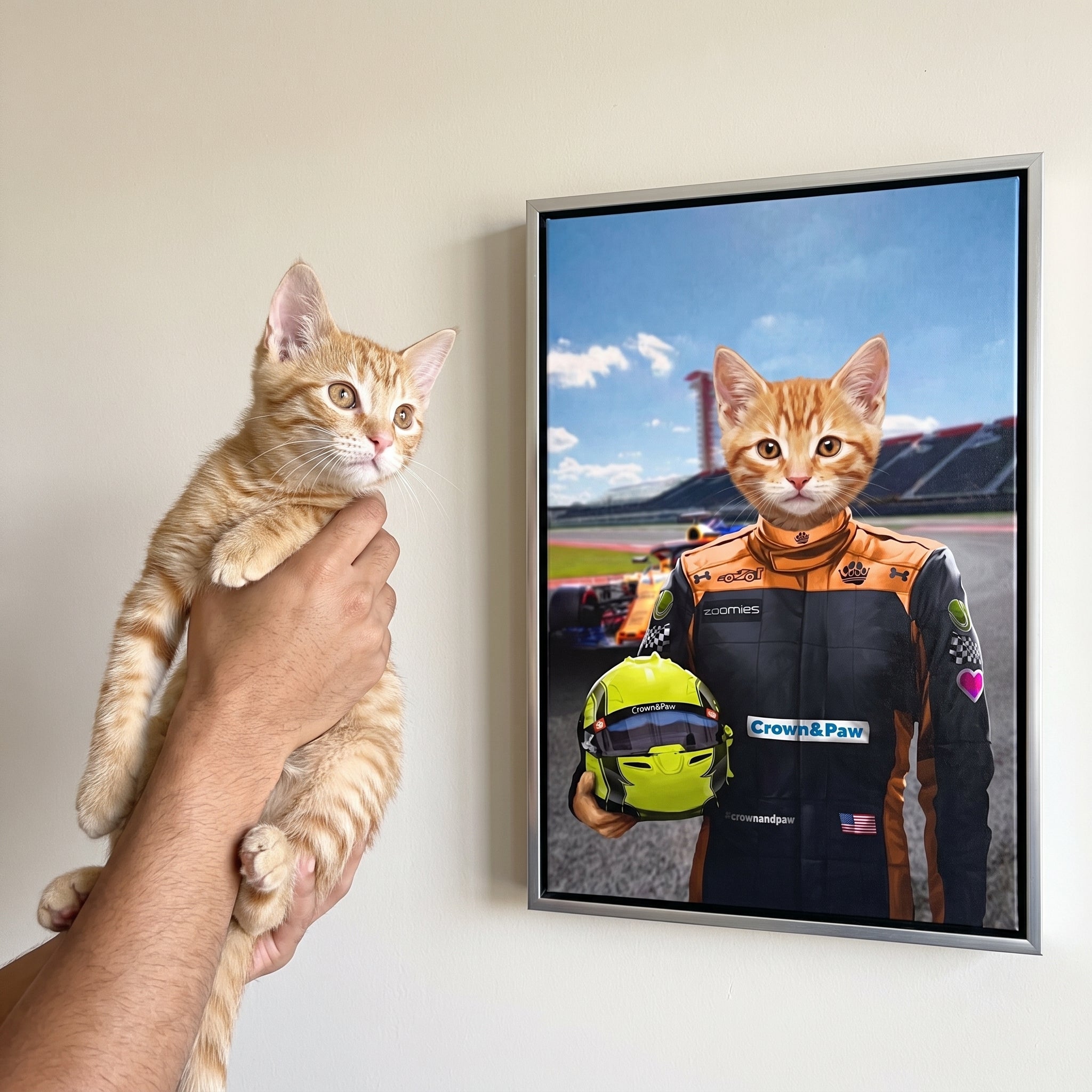 Ginger tabby cat next to its The Orange Driver custom pet canvas