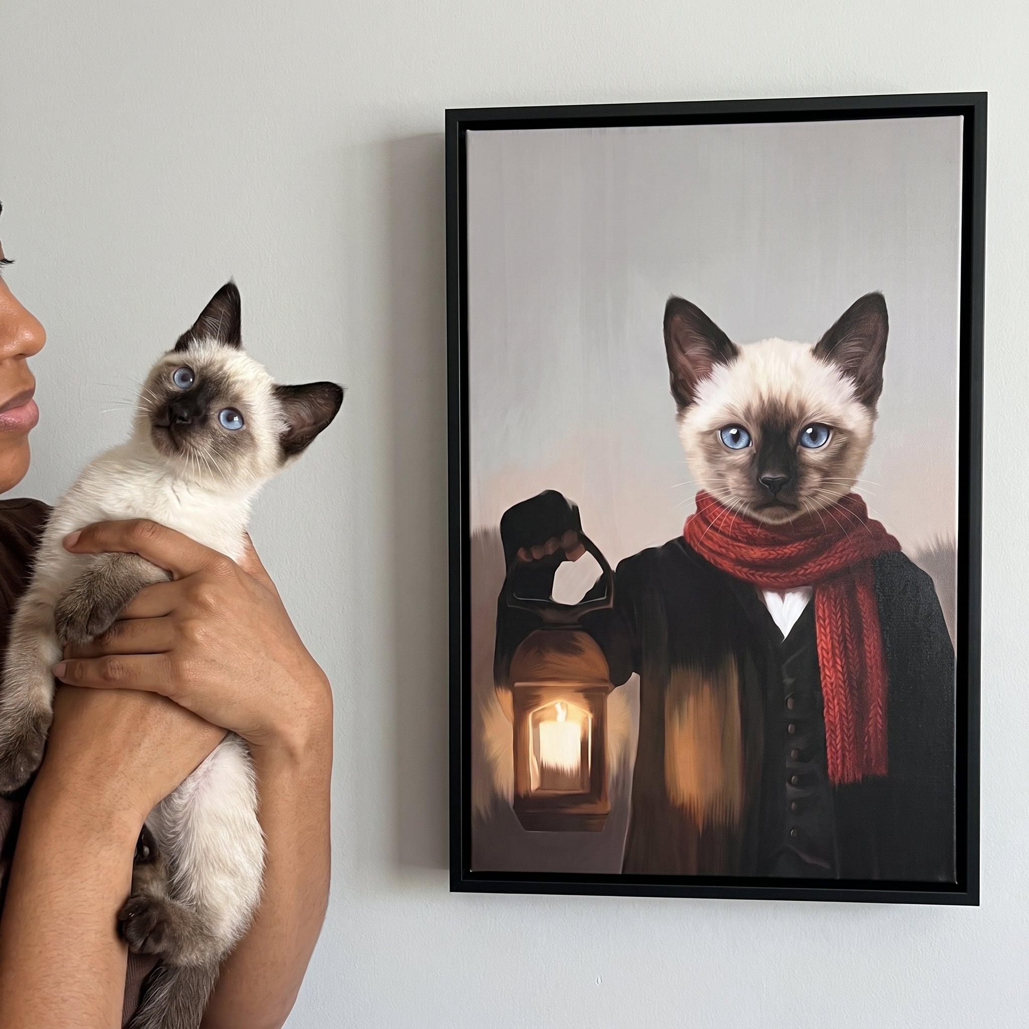 Siamese cat next to its The Pauper custom pet canvas