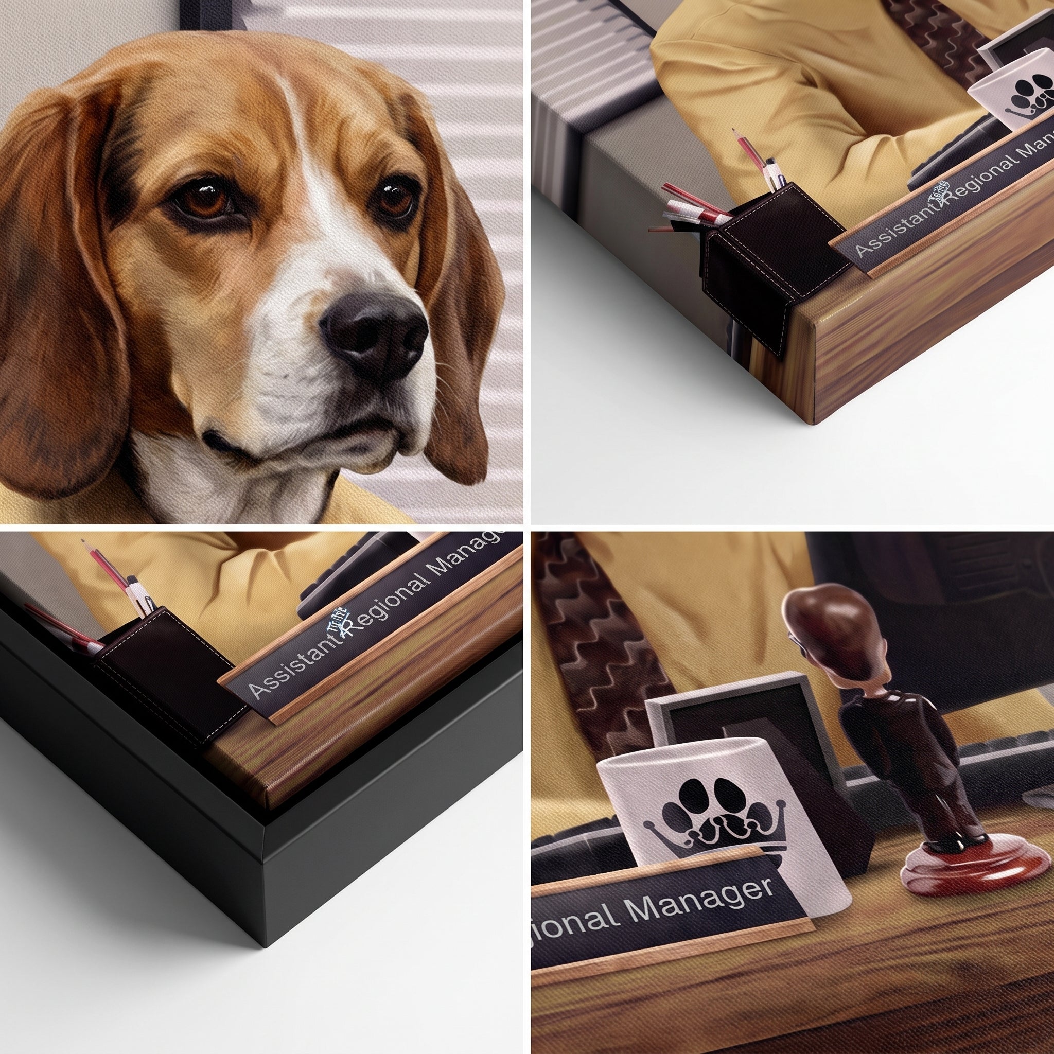 Close-up details of The Pawssistant Manager custom pet canvas