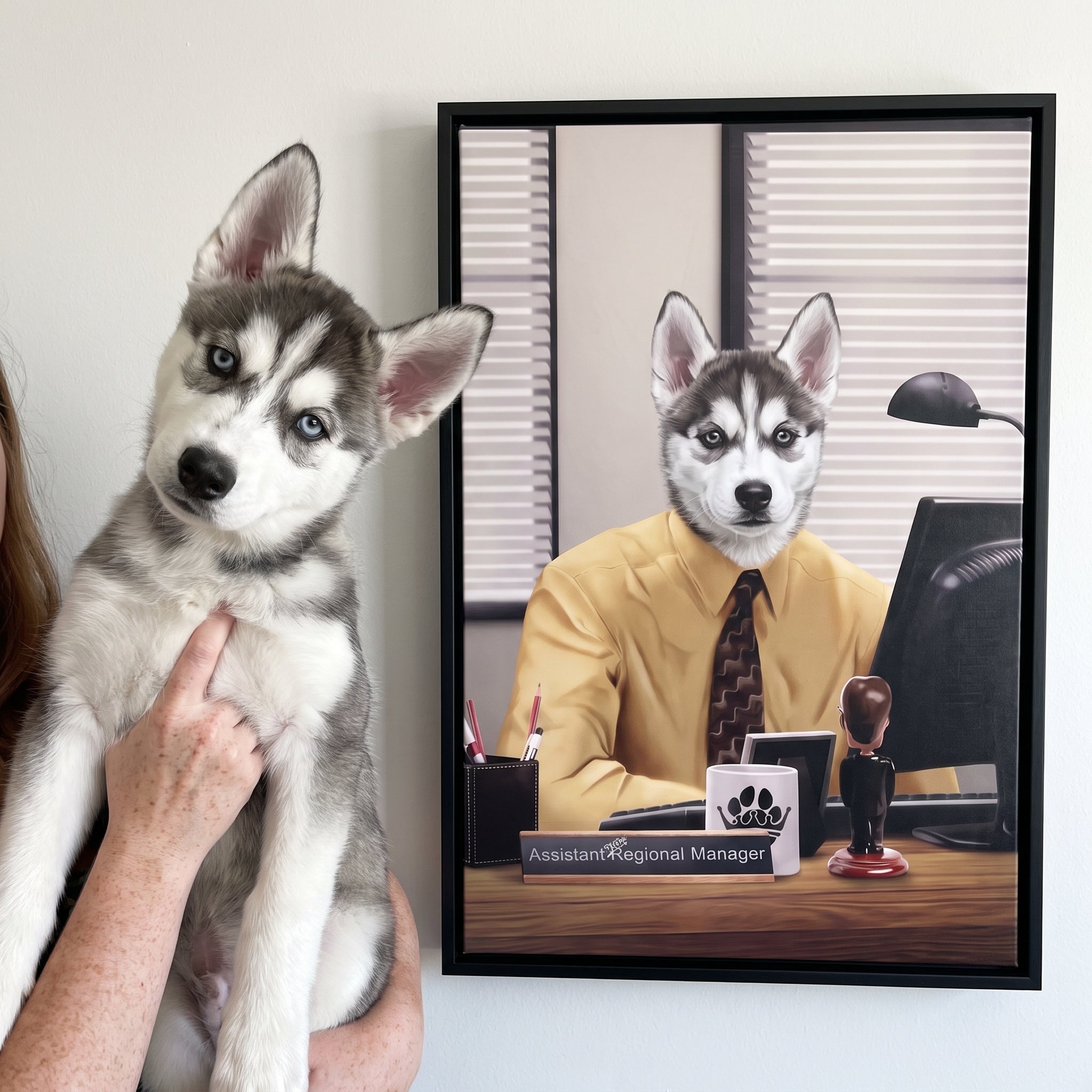 Siberian husky next to its The Pawssistant Manager custom pet canvas