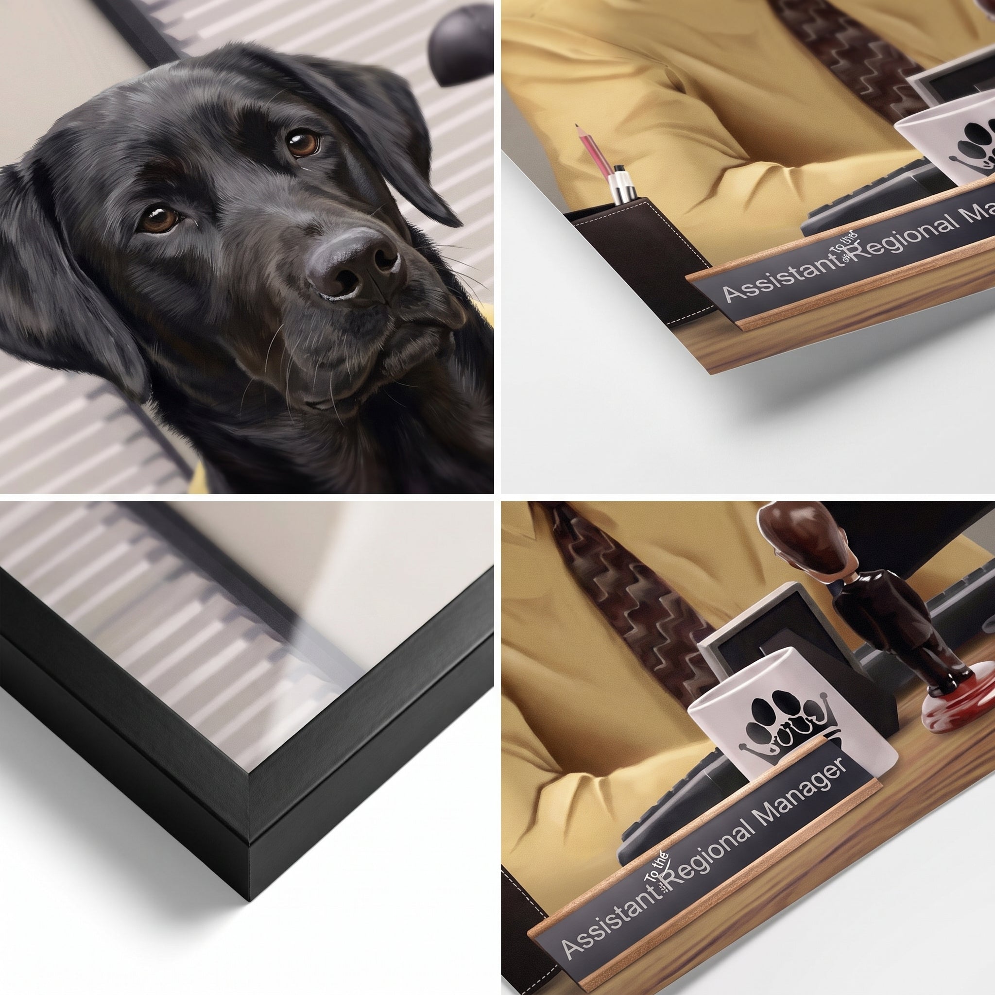 Close-up details of The Pawssistant Manager custom pet poster