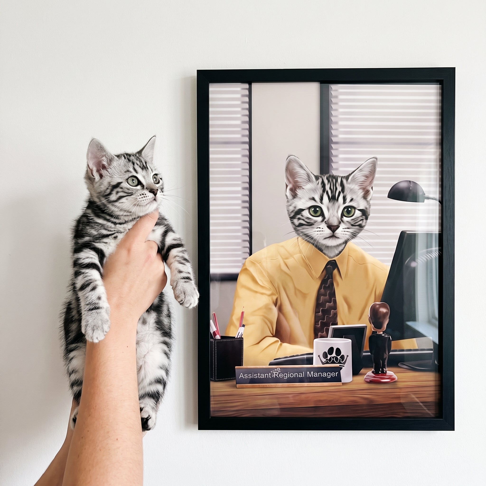 Silver tabby cat next to its The Pawssistant Manager custom pet poster