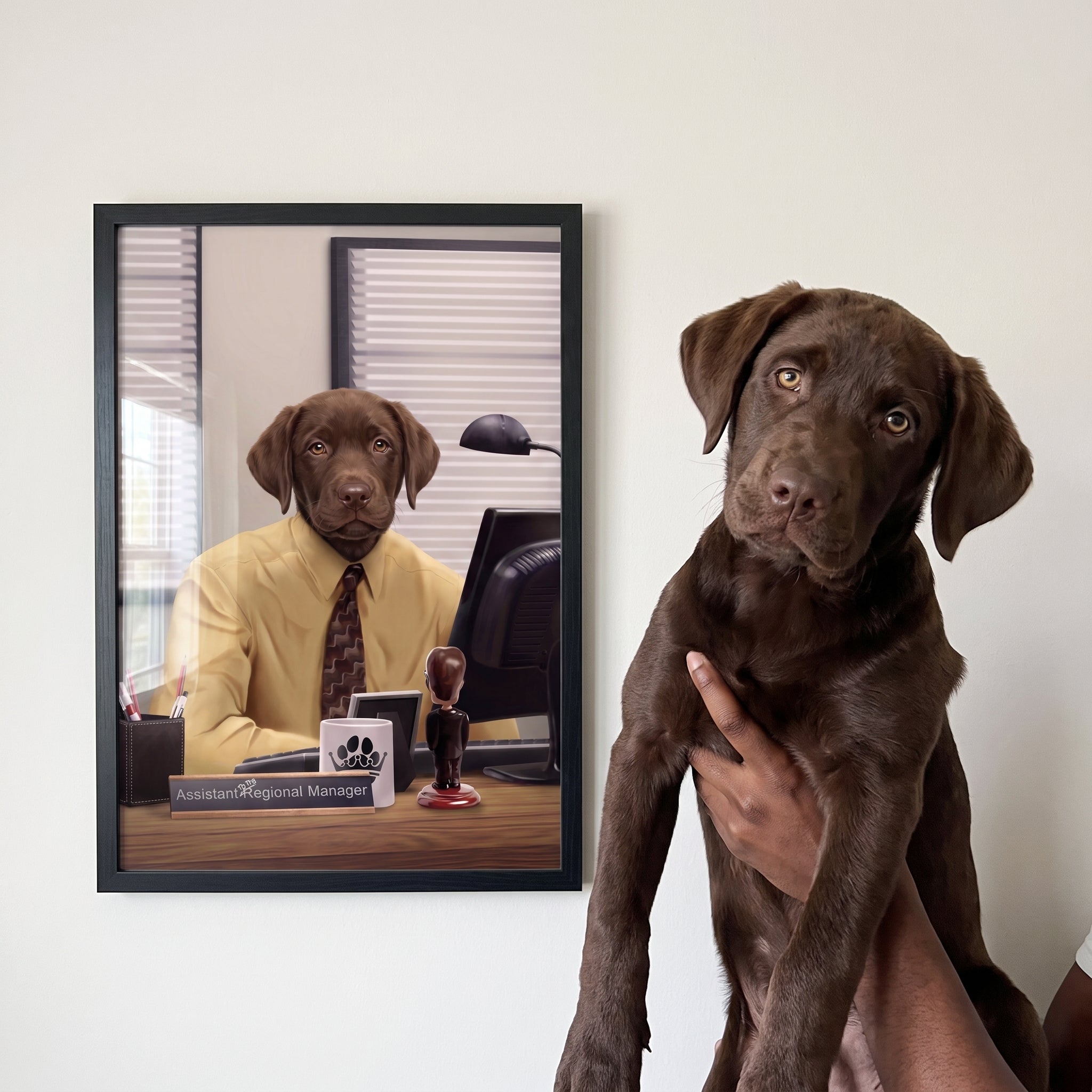 Chocolate labrador next to its The Pawssistant Manager custom pet poster