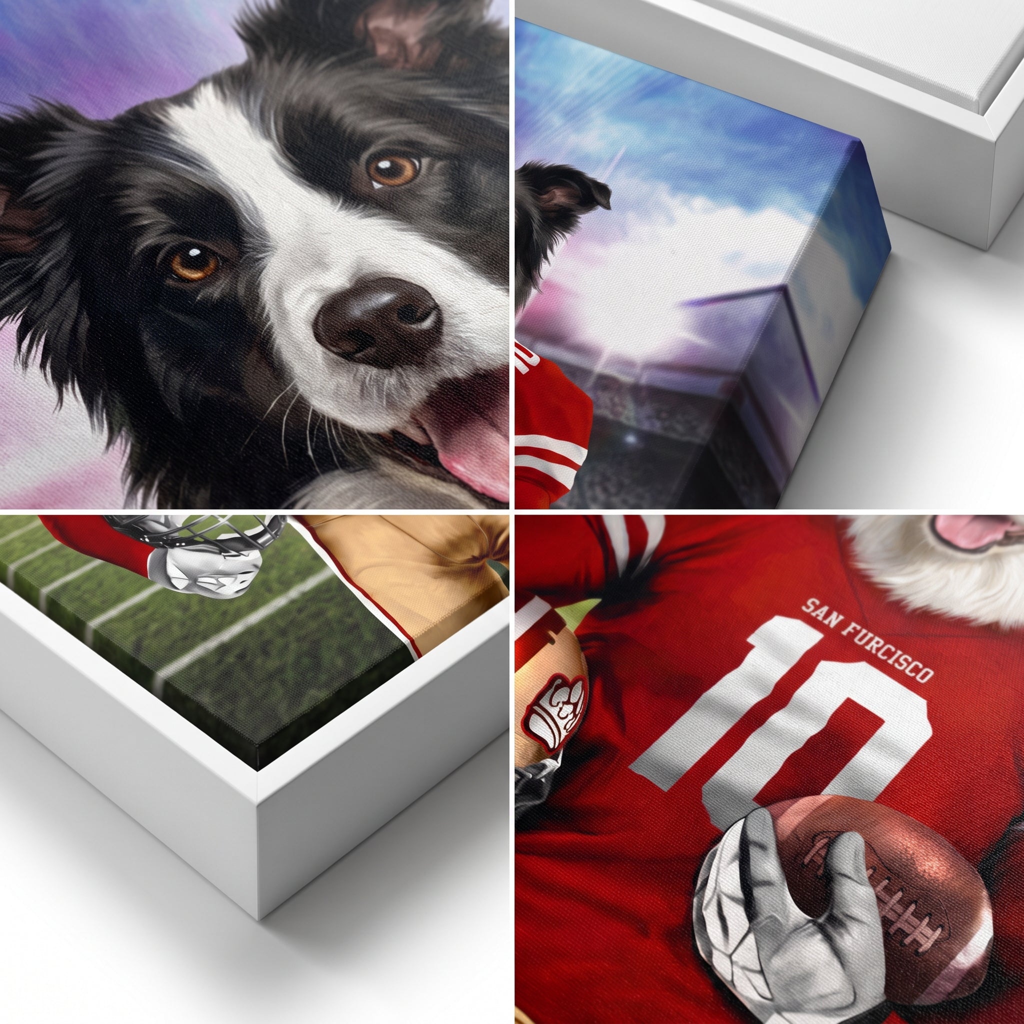 Close-up details of The Pawty Niners custom pet canvas