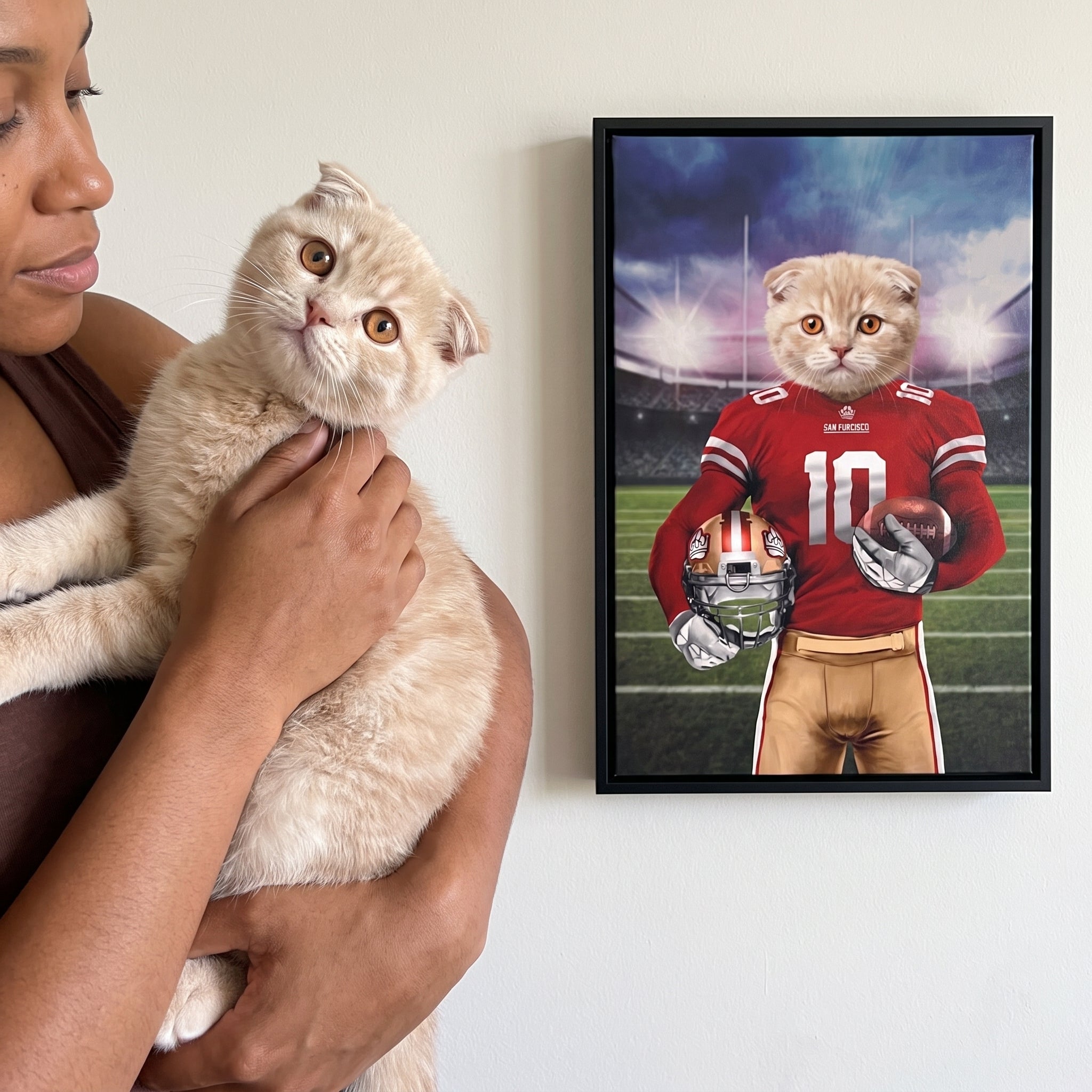 Scottish fold cat next to its The Pawty Niners custom pet canvas