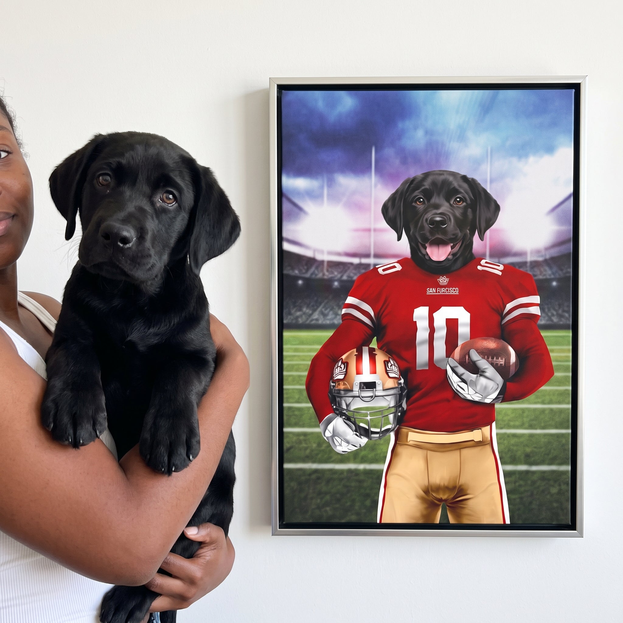 Black labrador next to its The Pawty Niners custom pet canvas