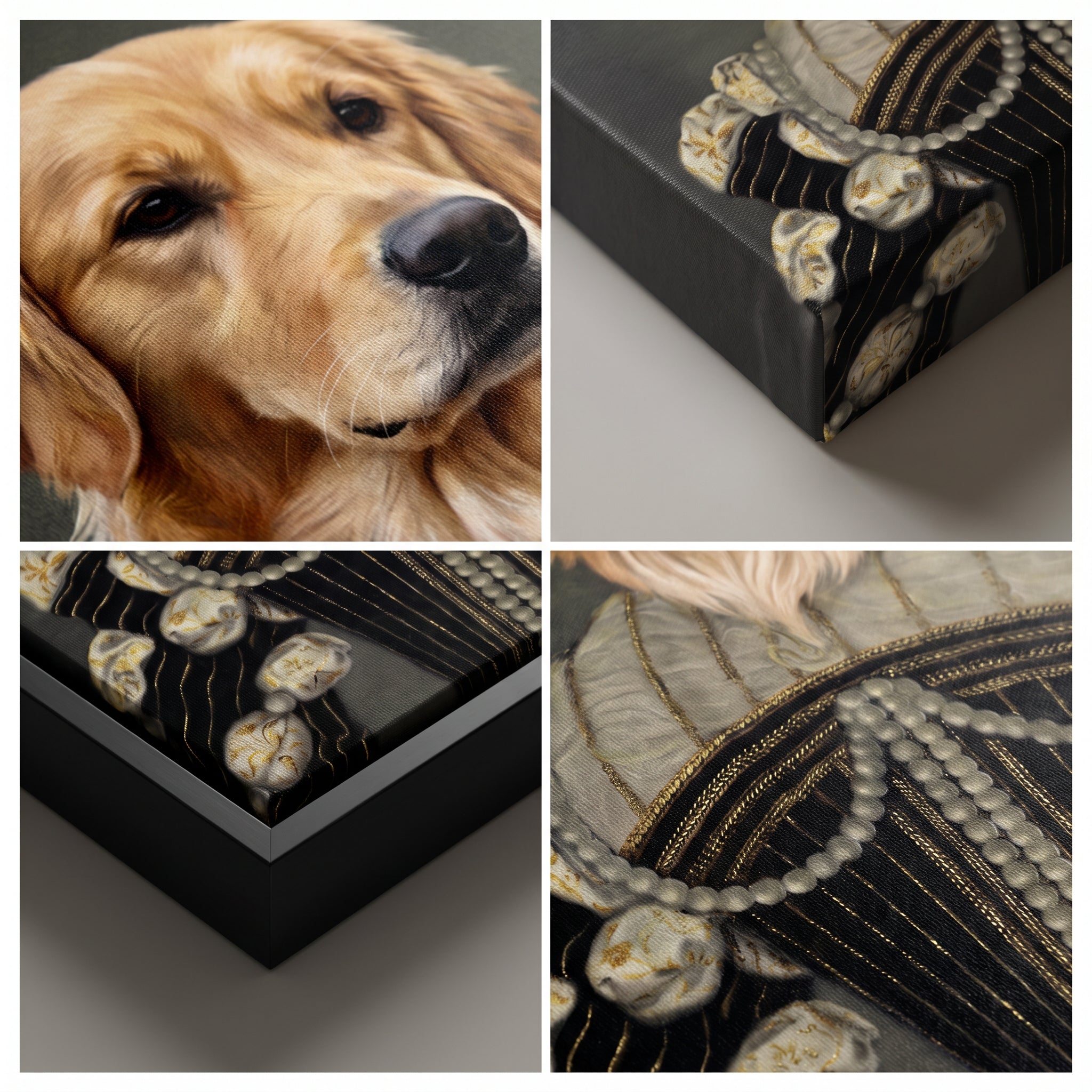 Close-up details of The Pearled Lady custom pet canvas