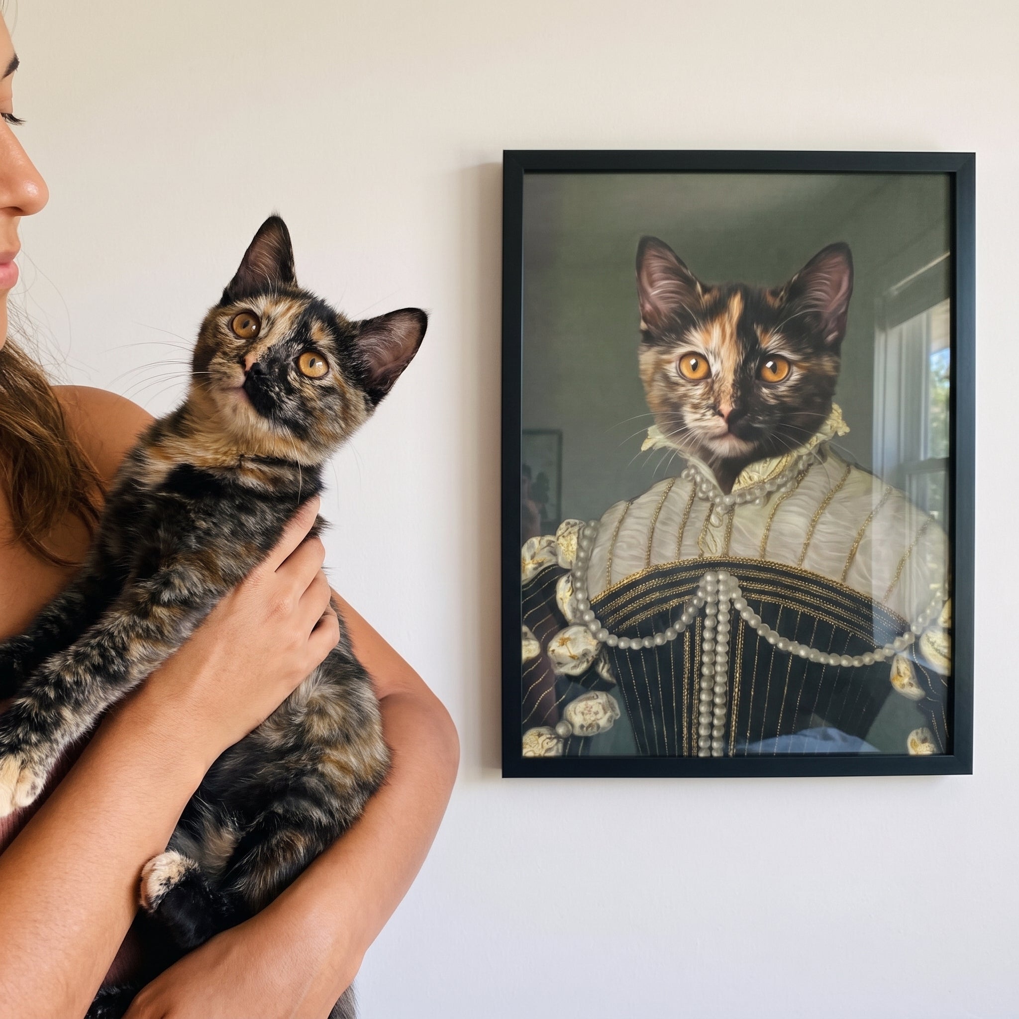 Tortoiseshell cat next to its The Pearled Lady custom pet poster