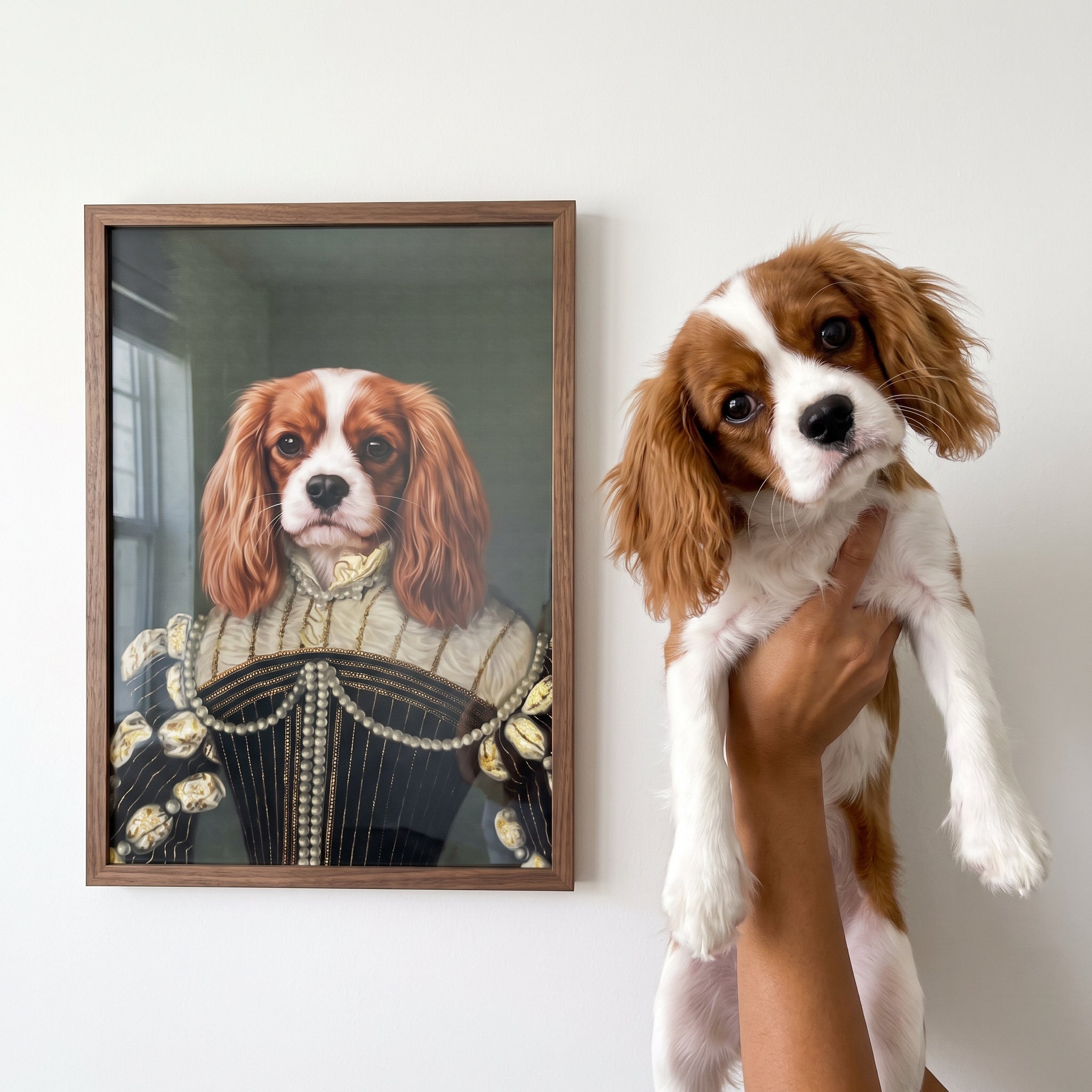 Cavalier king charles spaniel next to its The Pearled Lady custom pet poster