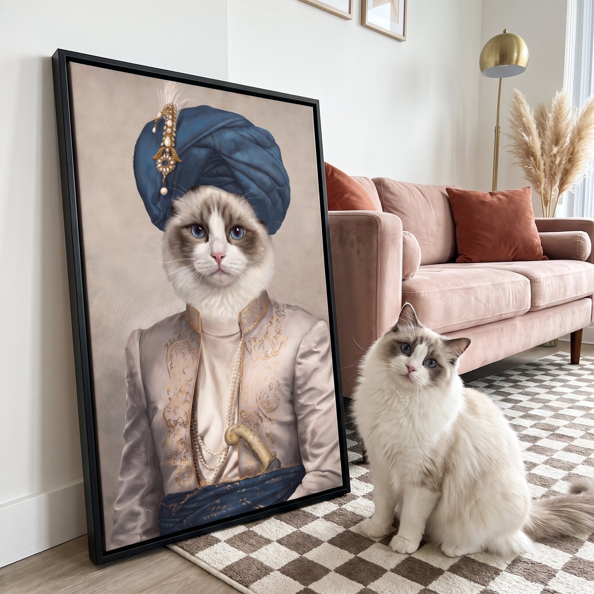 White ragdoll cat next to its The Persian Prince custom pet canvas
