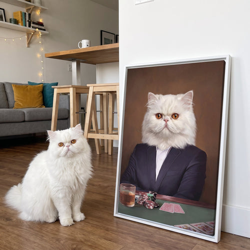 White persian cat next to its The Poker Player custom pet canvas