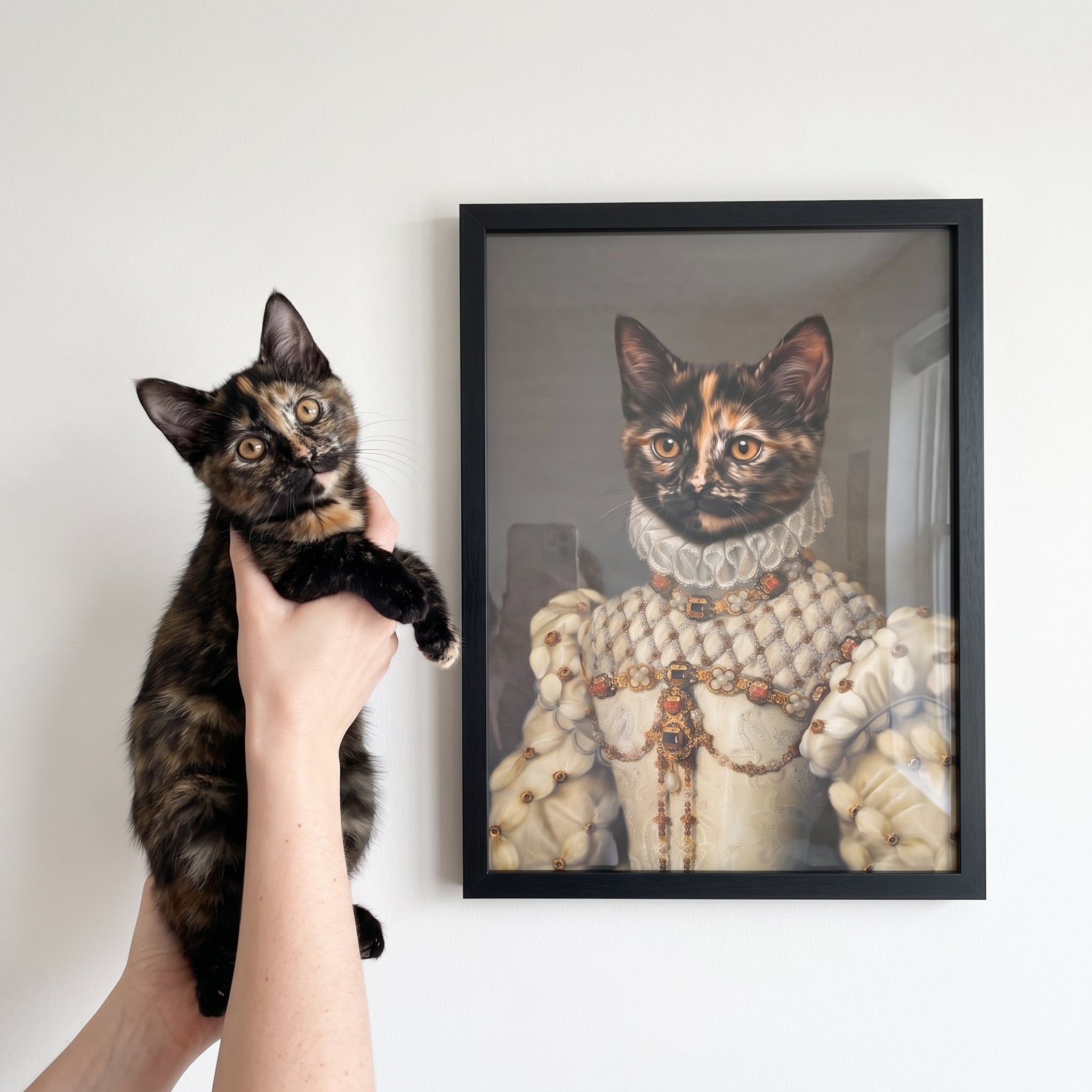 Tortoiseshell cat next to its The Princess custom pet poster