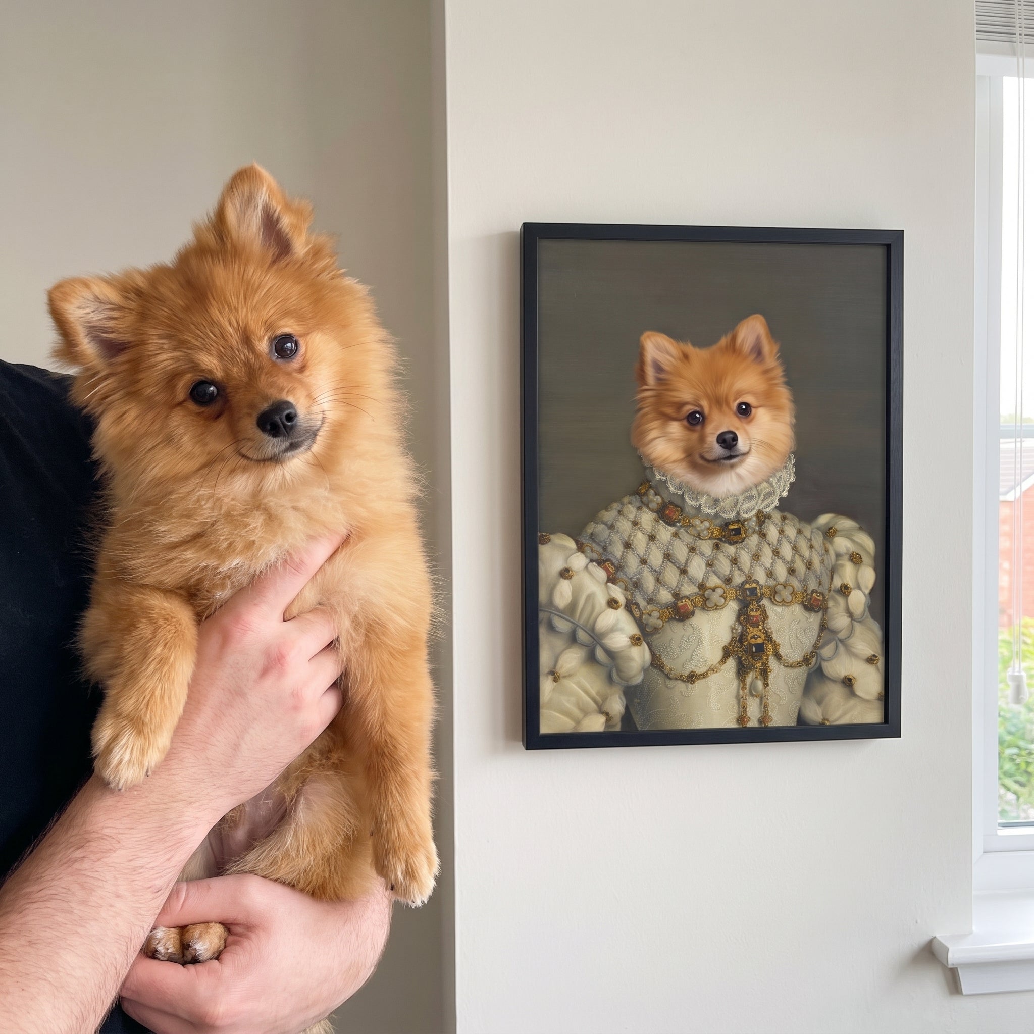 Pomeranian next to its The Princess custom pet poster