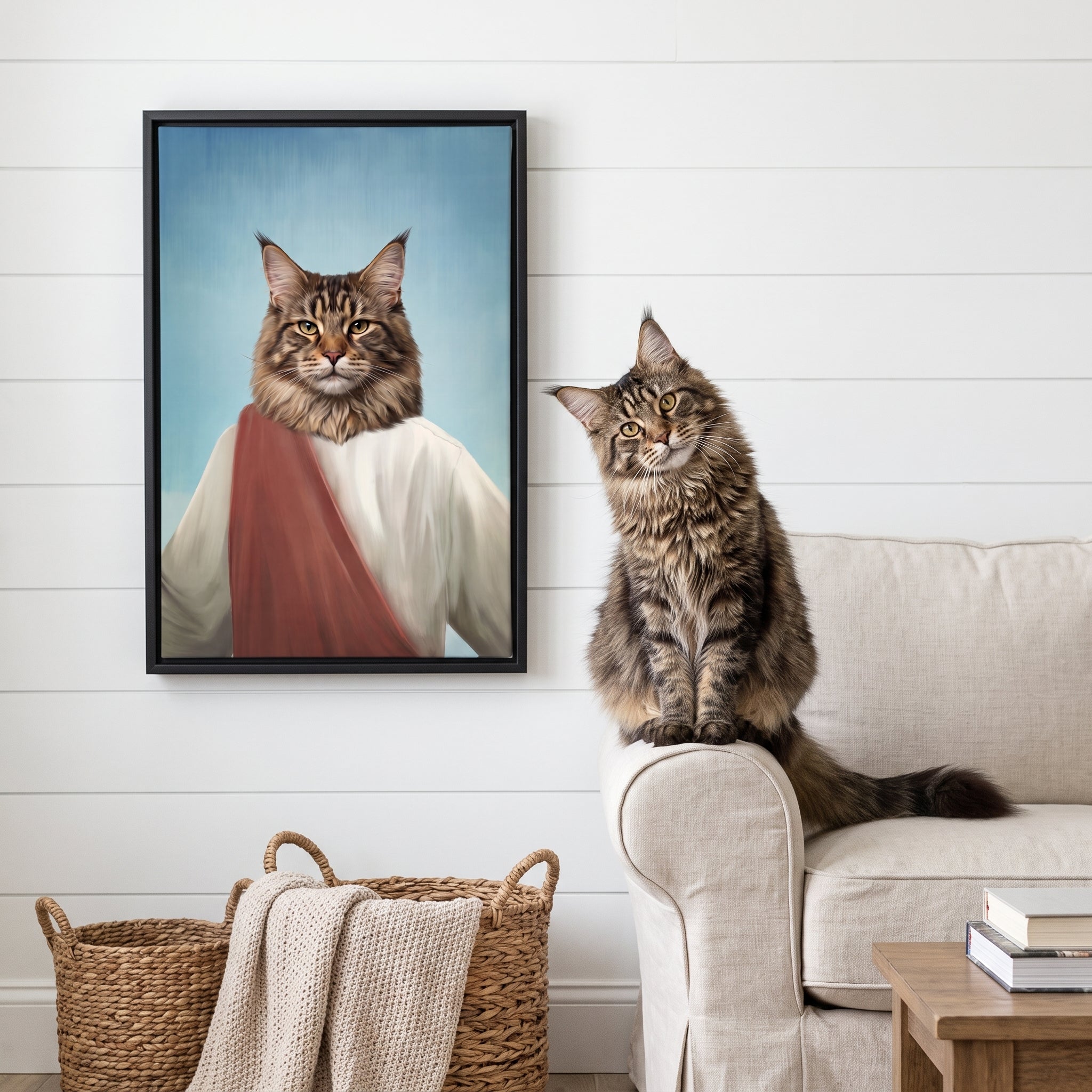 Fluffy maine coon cat next to its The Prophet custom pet canvas