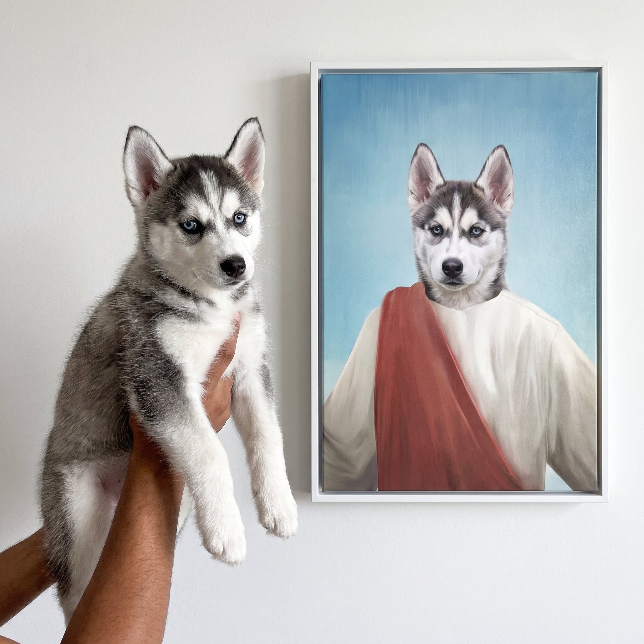 Siberian husky next to its The Prophet custom pet canvas