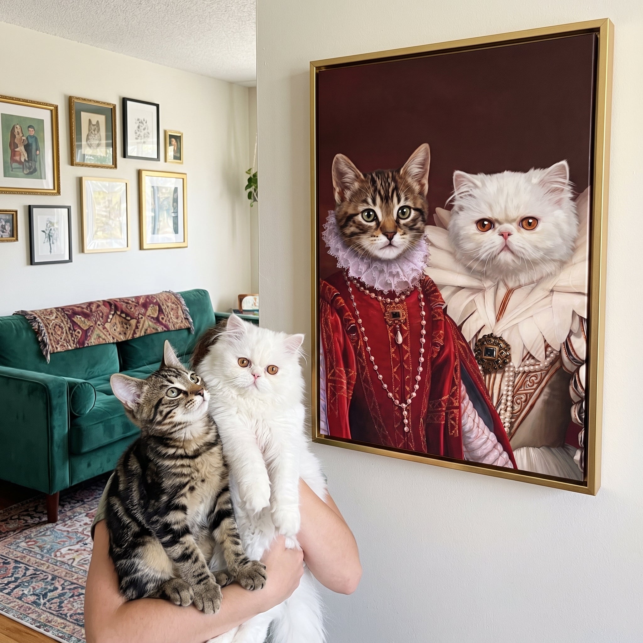 Brown tabby cat and white  next to its The Queen and Queen of Roses custom pet canvas