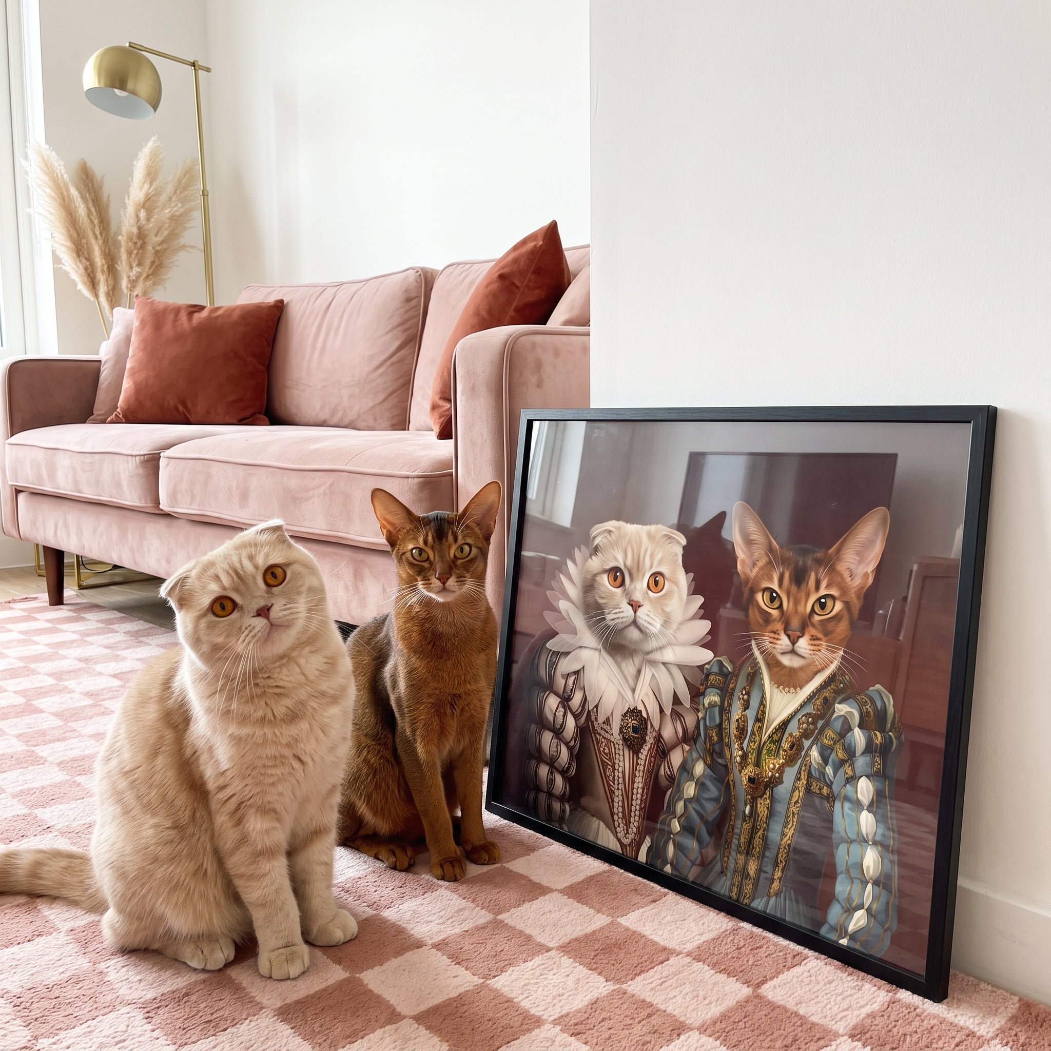 Tortoiseshell cat and silv next to its The Queen and Sapphire Queen custom pet poster