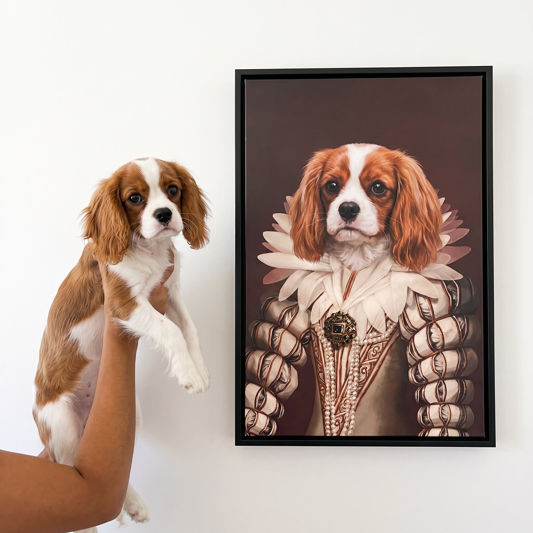 Cavalier king charles spaniel next to its The Queen custom pet canvas