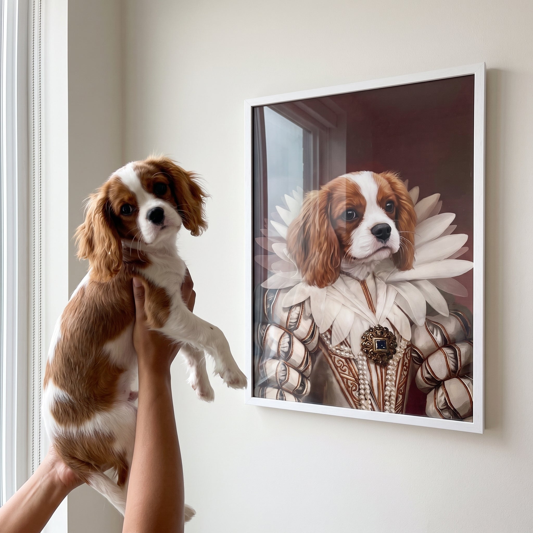 Cavalier king charles spaniel next to its The Queen custom pet poster