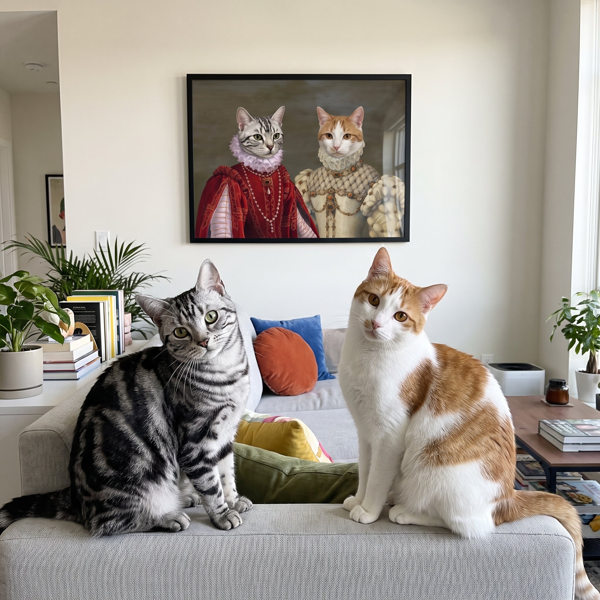 Silver tabby cat and gi next to its The Queen of Roses and Princess custom pet poster