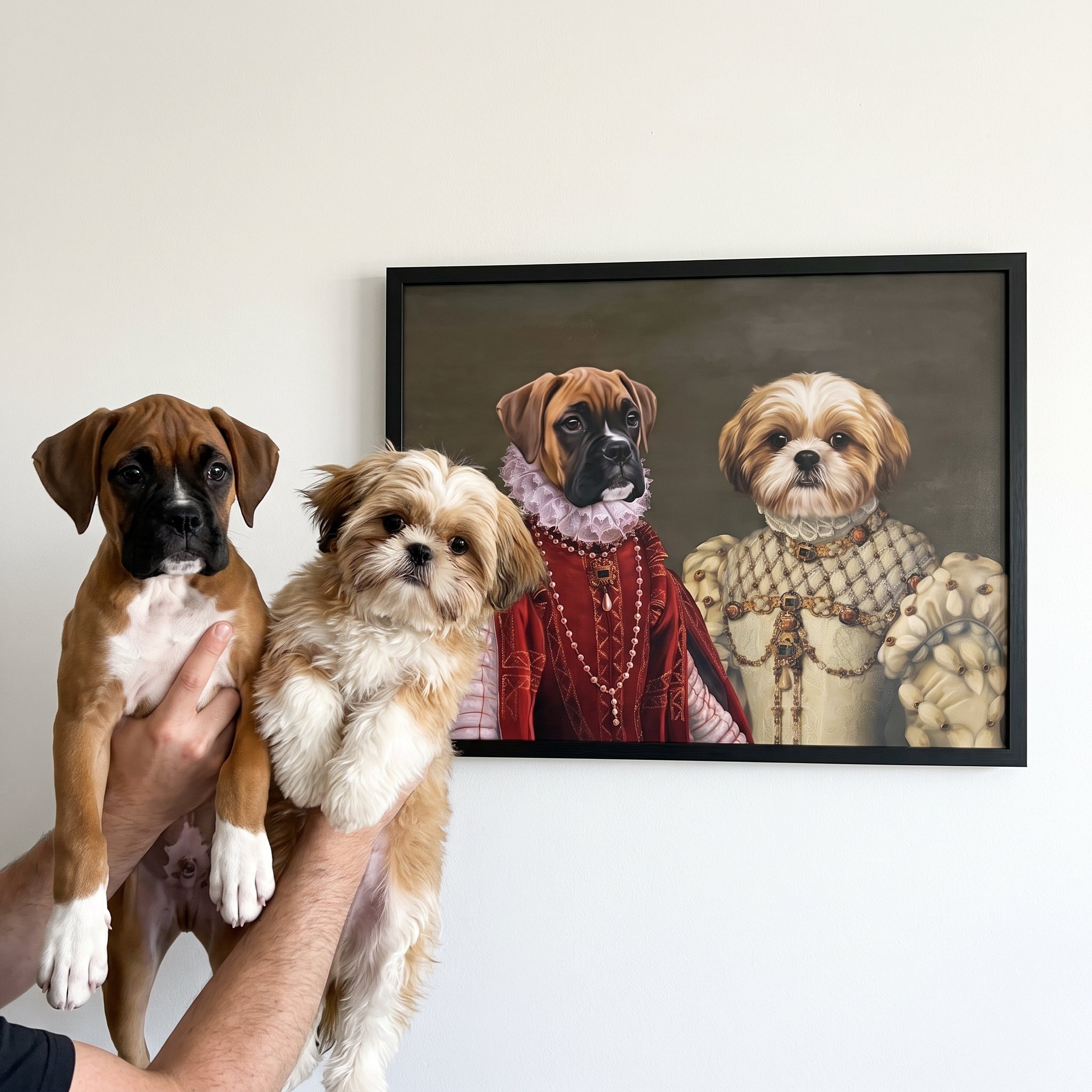 Boxer and shih tzu next to its The Queen of Roses and Princess custom pet poster