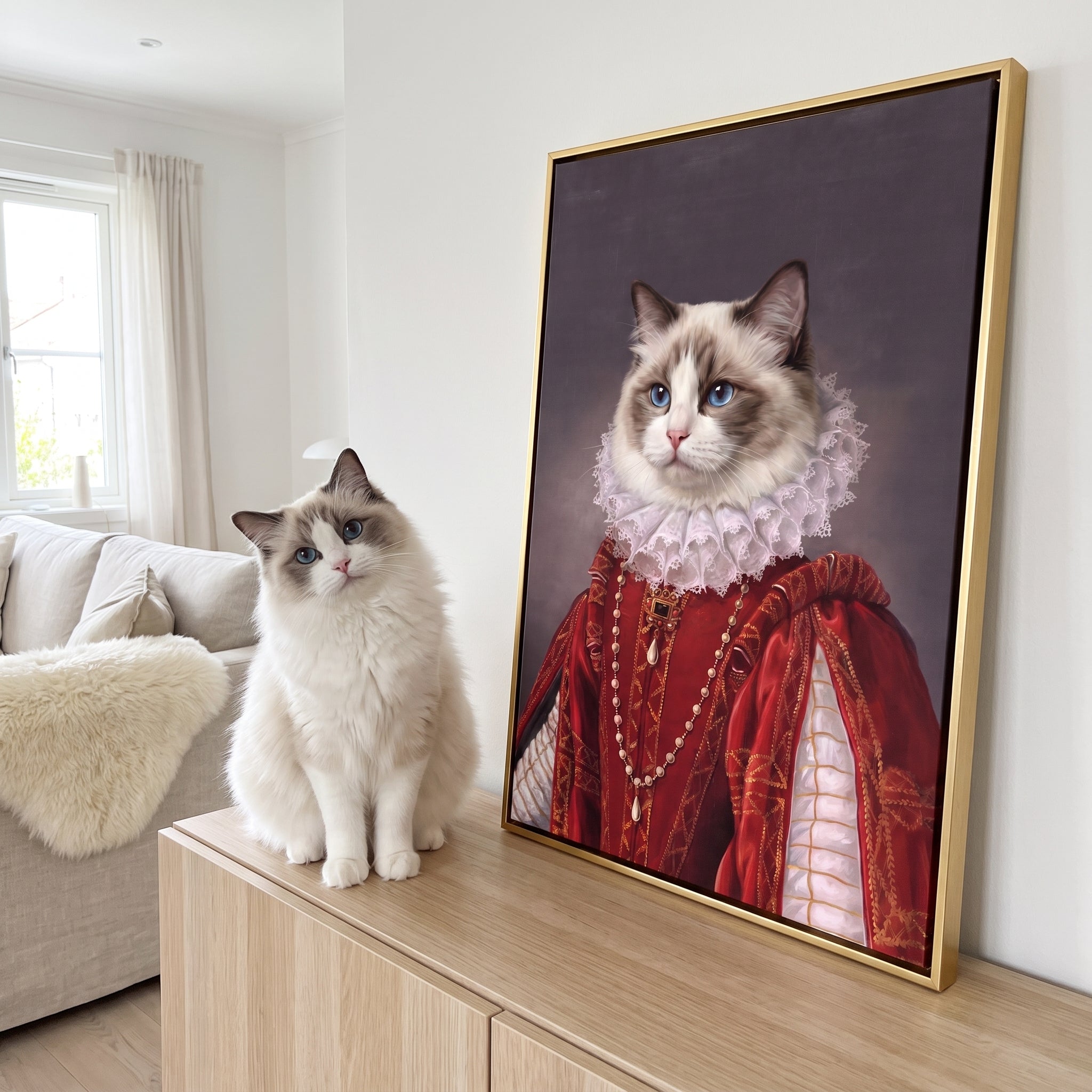 White ragdoll cat next to its The Queen of Roses custom pet canvas