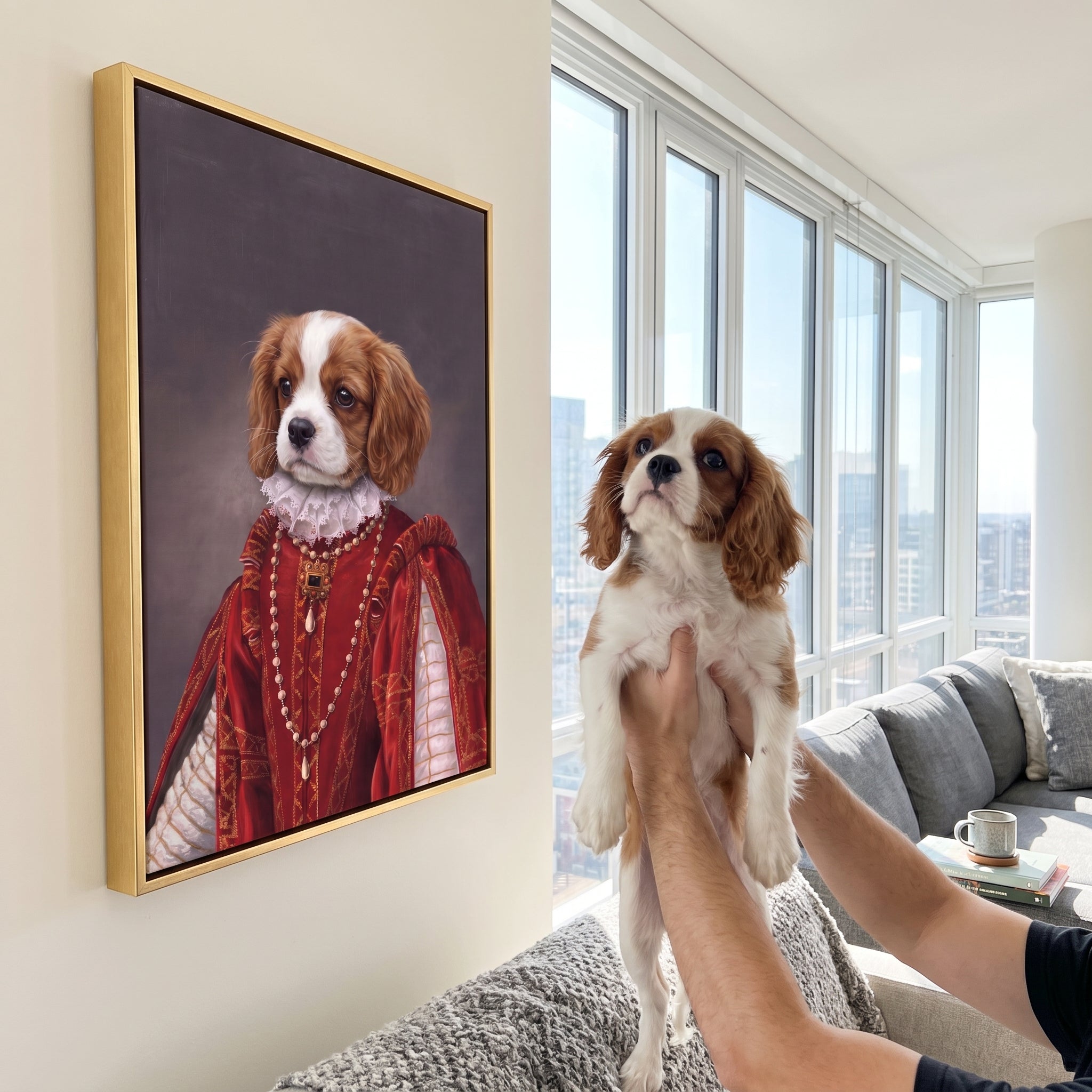 Cavalier king charles spaniel next to its The Queen of Roses custom pet canvas
