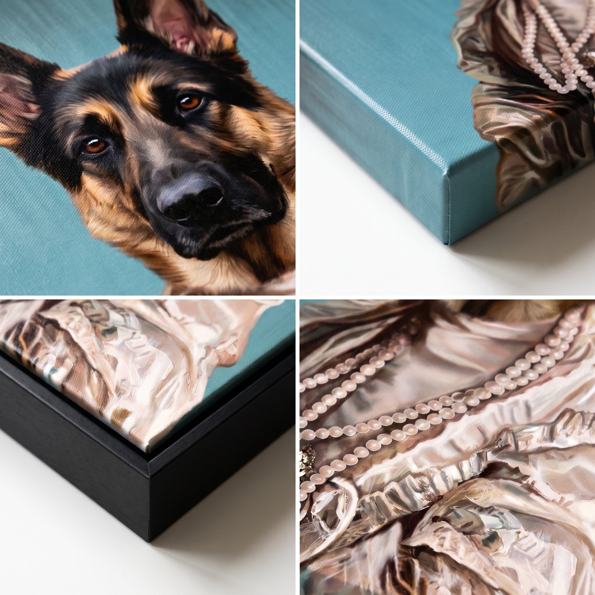Close-up details of The Queen Regent custom pet canvas
