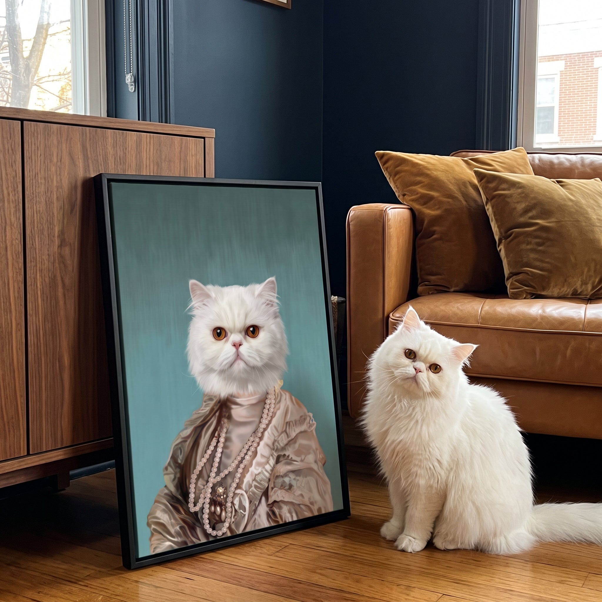 White persian cat next to its The Queen Regent custom pet canvas