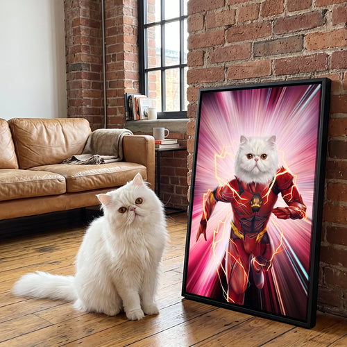 White persian cat next to its The Quick Hero custom pet canvas