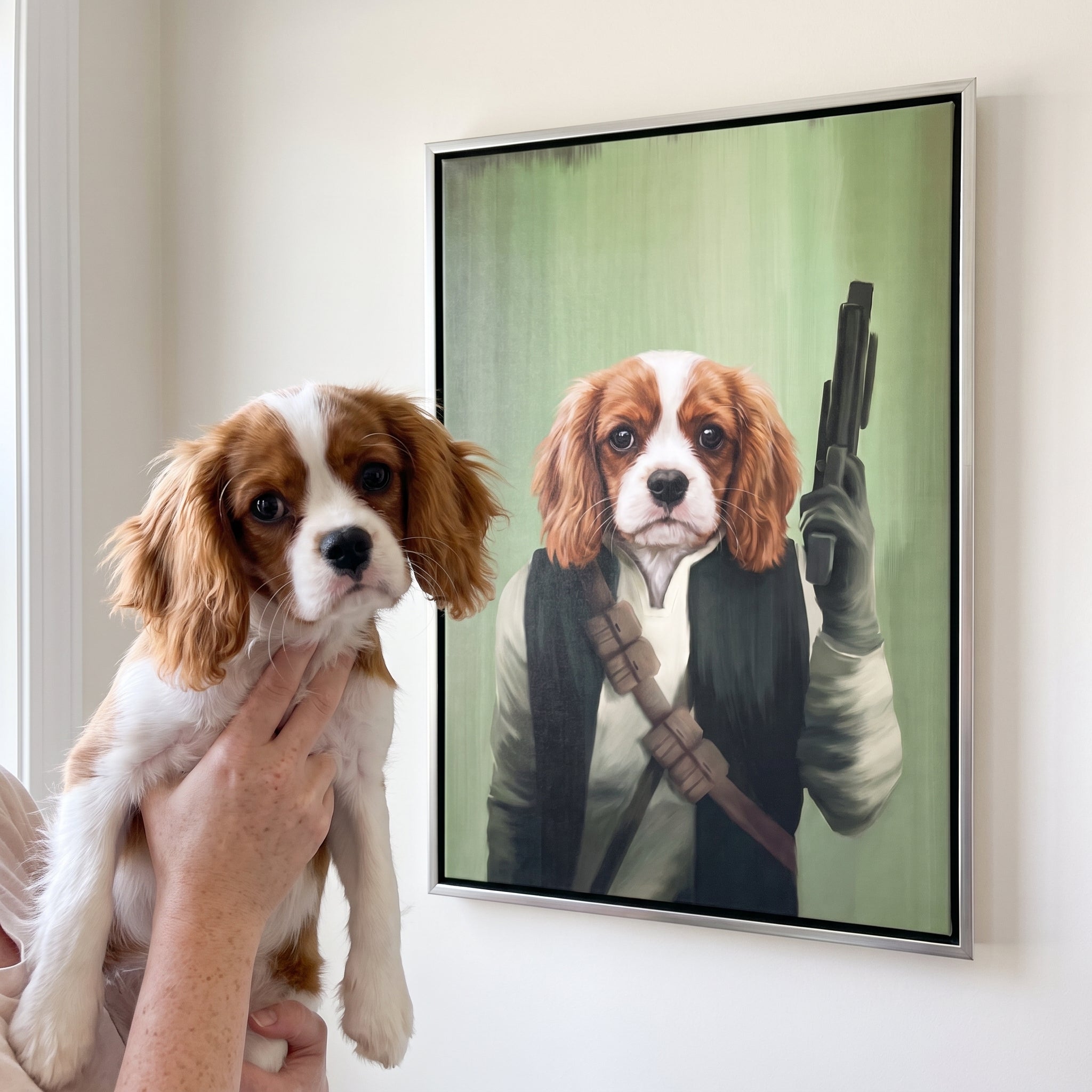 Cavalier king charles spaniel next to its The Rebel custom pet canvas