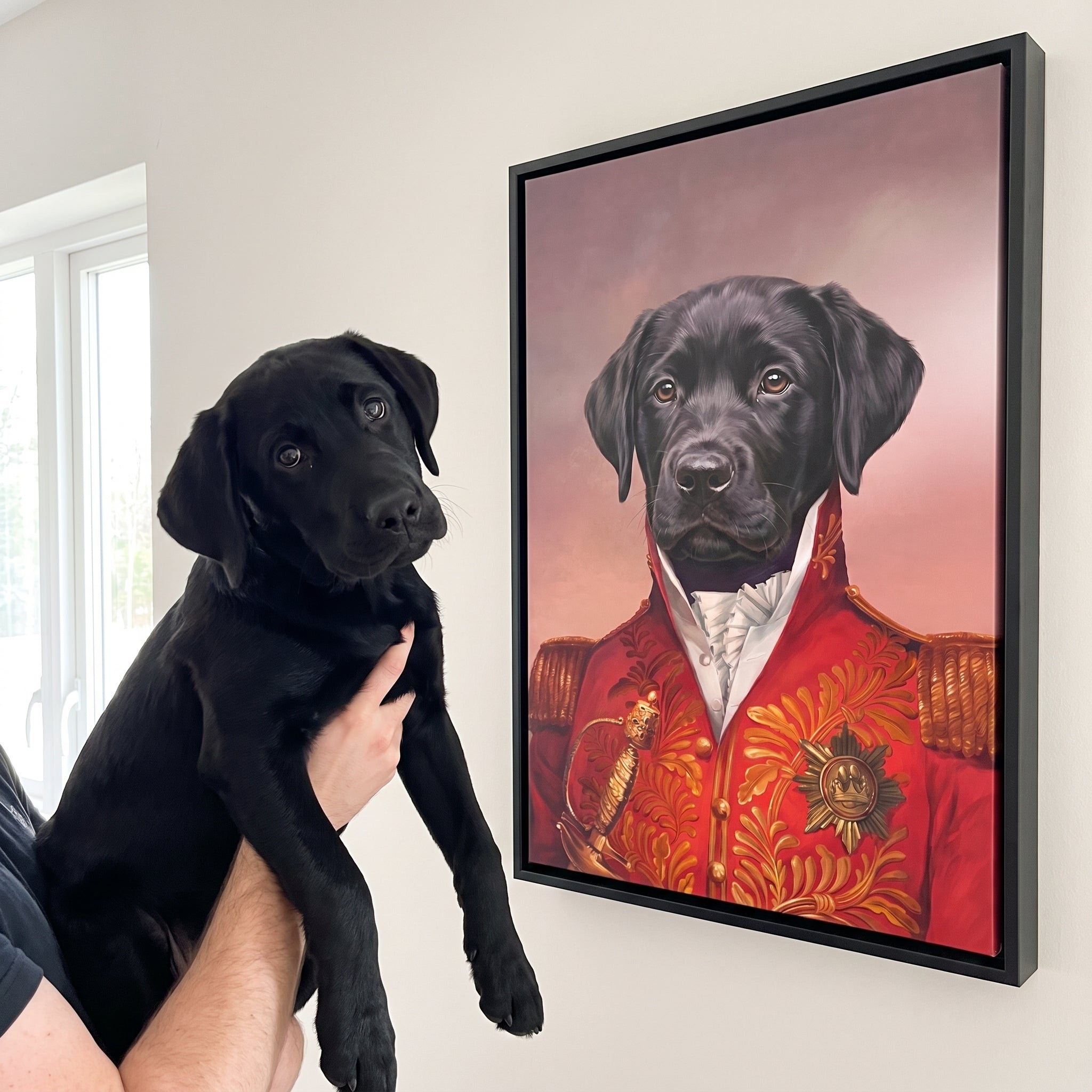 Black labrador next to its The Red General custom pet canvas