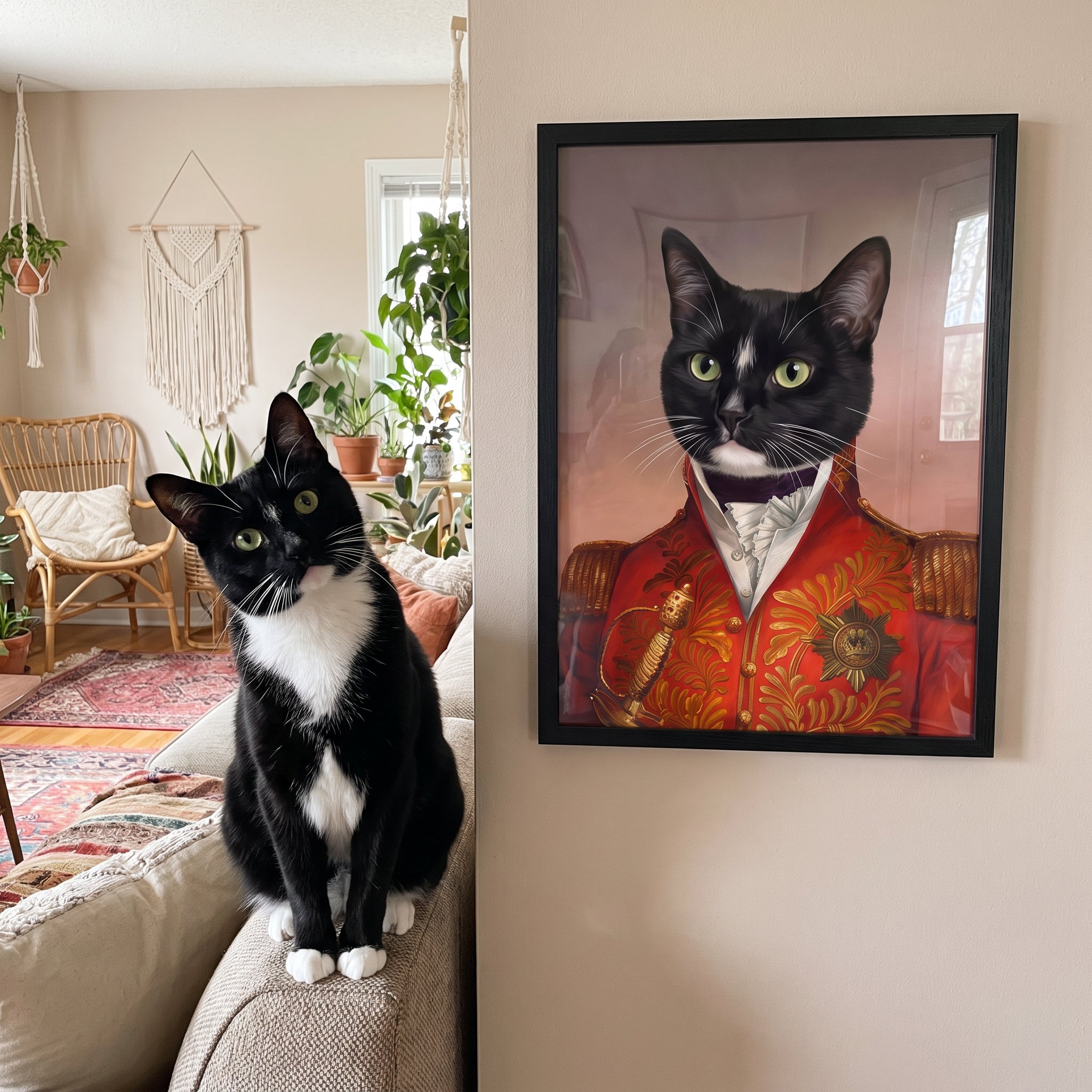 Tuxedo cat next to its The Red General custom pet poster