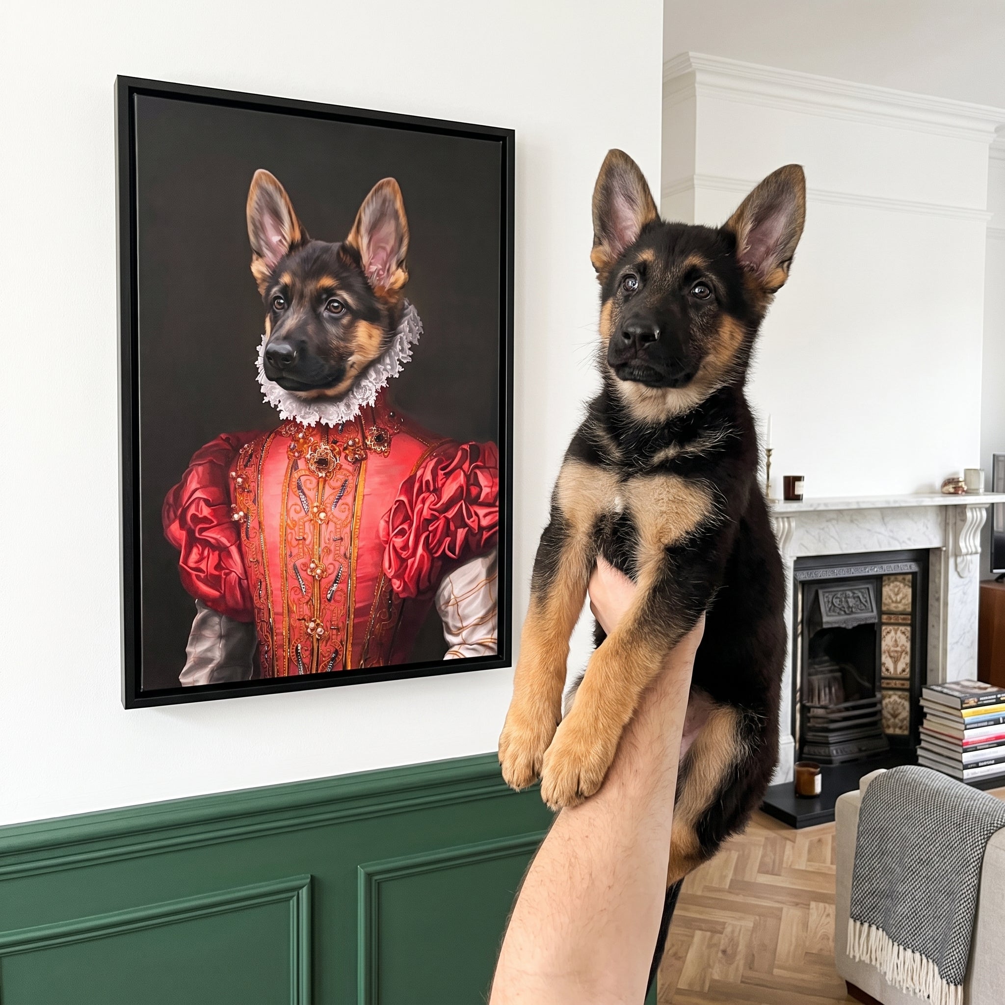 German shepherd next to its The Red Rose custom pet canvas