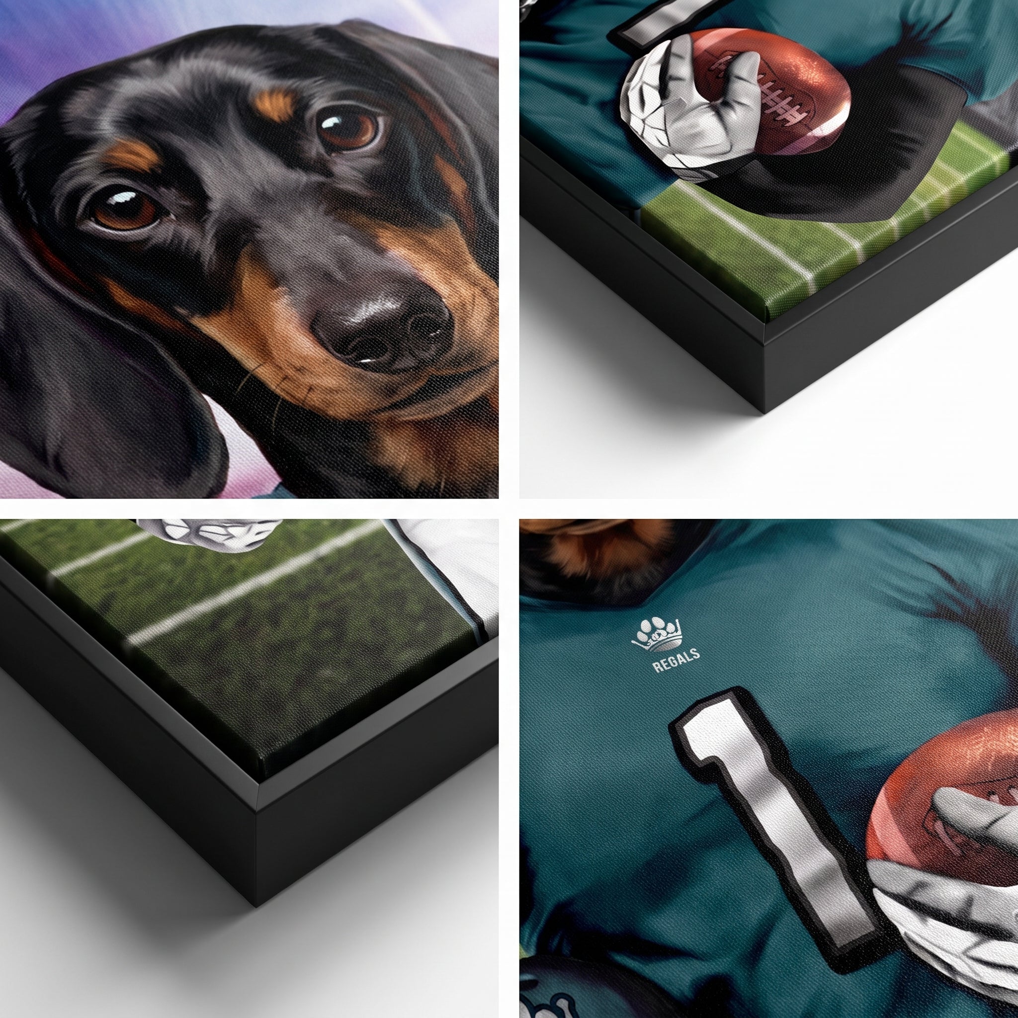 Close-up details of The Regals custom pet canvas