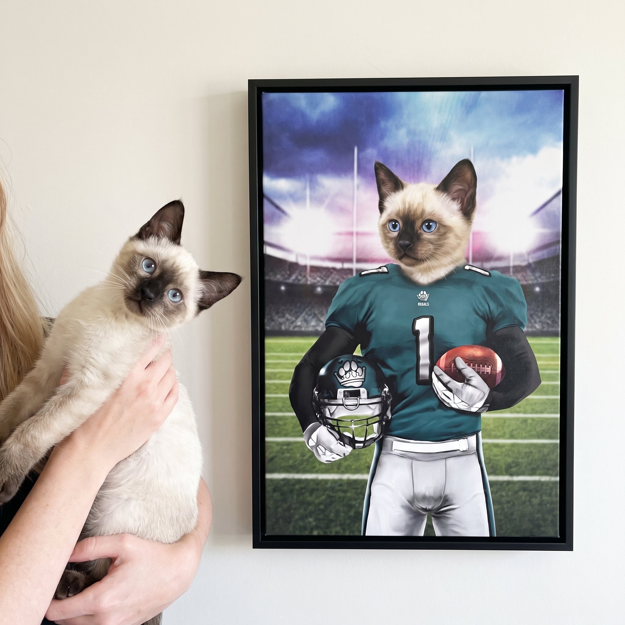 Siamese cat next to its The Regals custom pet canvas